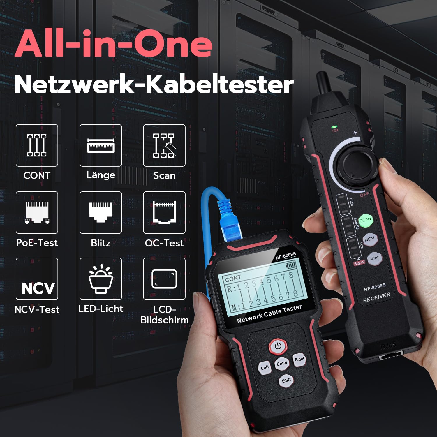 Mcbazel Netzwerk Kabeltester mit POE/NCV, Kabellängenmessung, Port-Blitz, Kabel Tracker