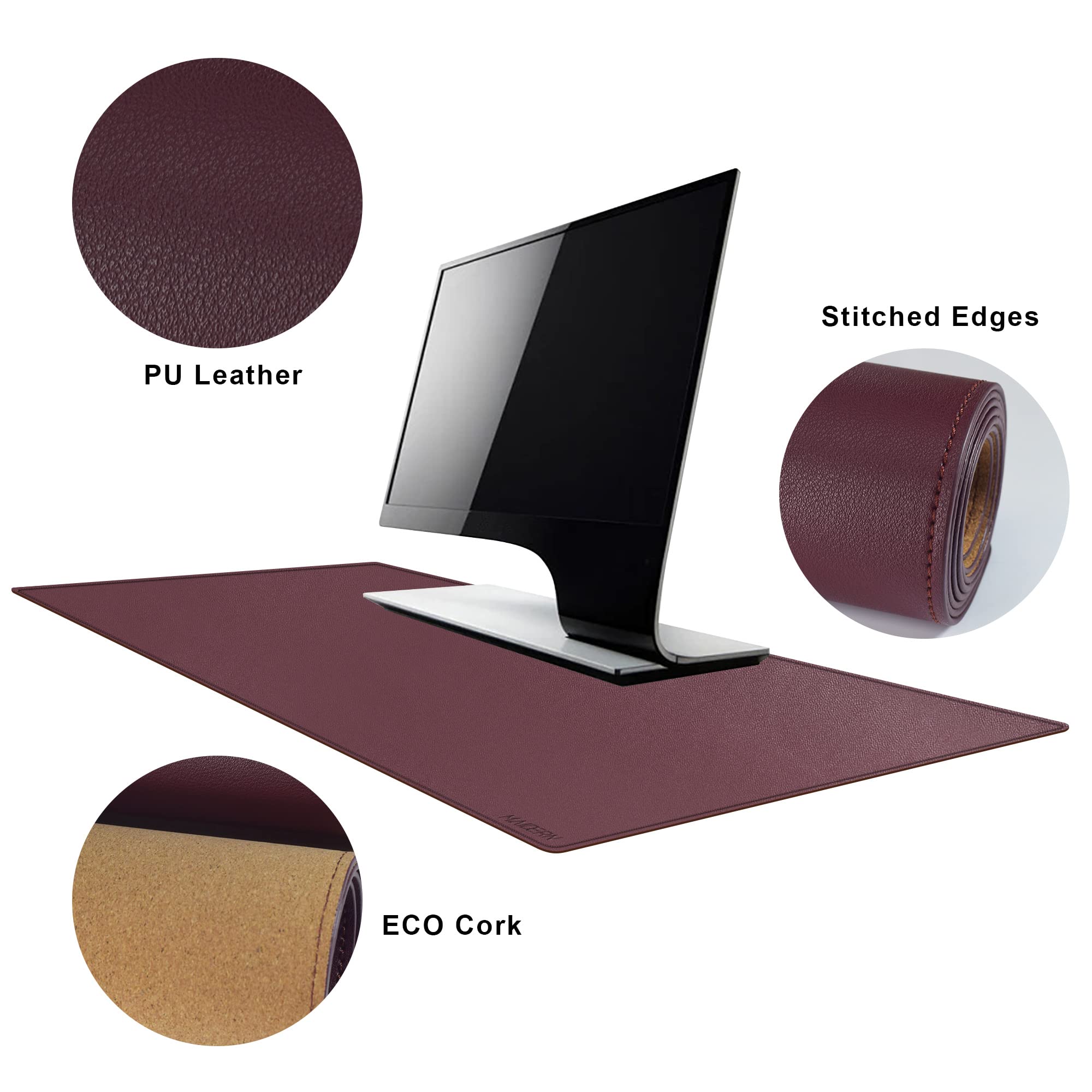 MAIDERN Tappetino Scrivania pelle in Sughero,100x40cm sottomano scrivania bifacciale,Tappetino per Mouse impermeabile e antiscivolo ，per Casa/Ufficio(Rosso vino)