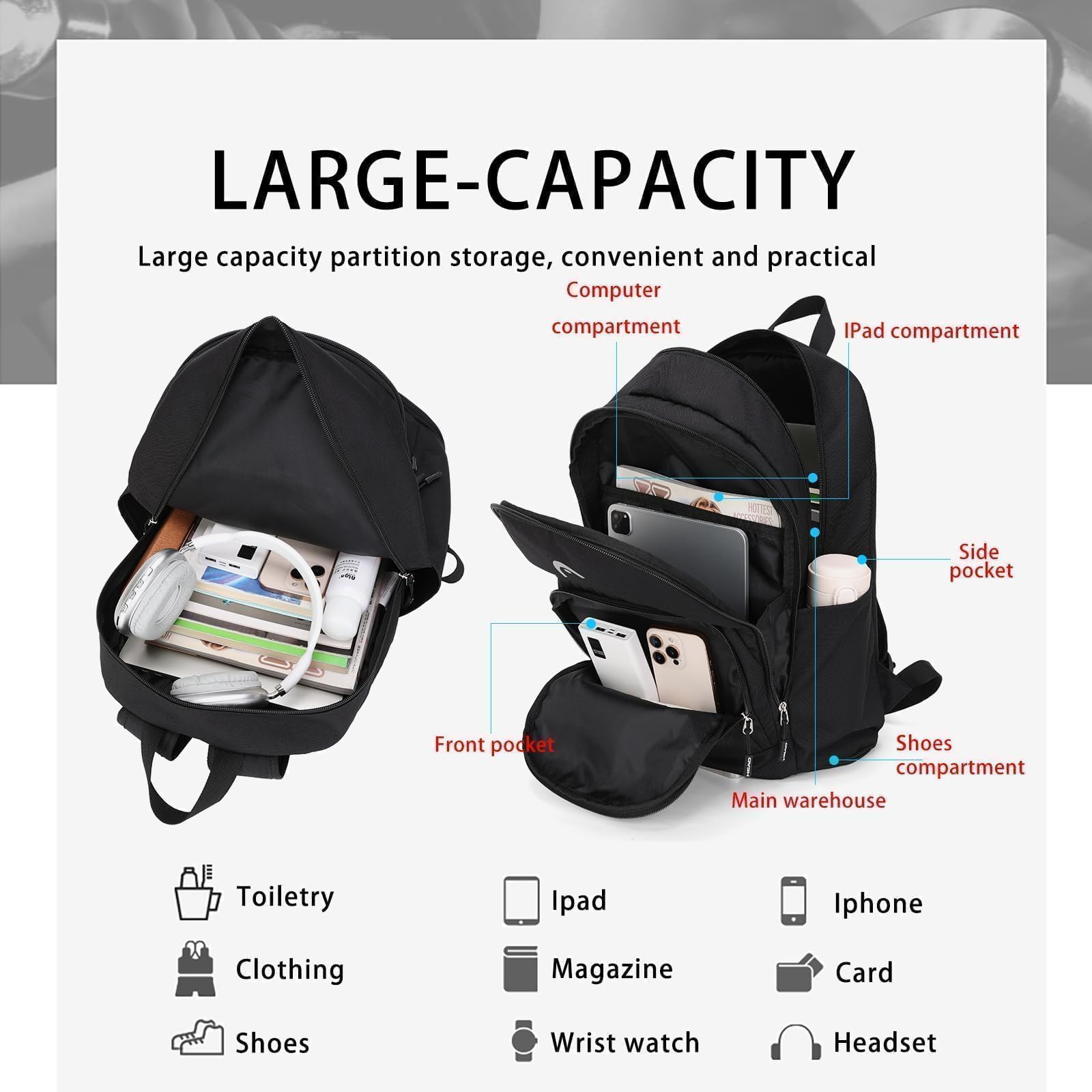 HEAD Mochila de viaje impermeable para mujeres y hombres, mochila ligera para laptop, bolsa para computadora portátil de 15.6 pulgadas