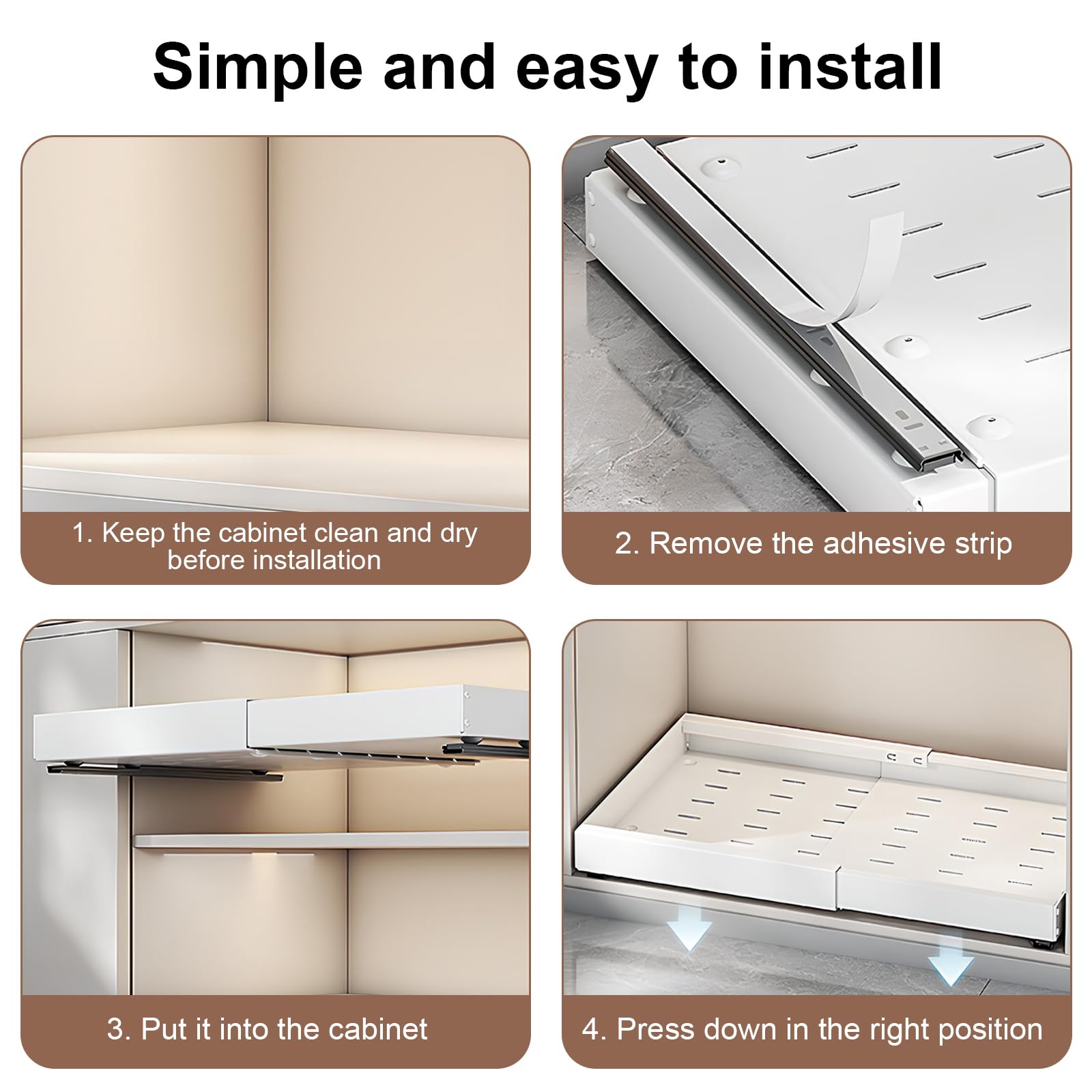 Dokeno 2 cassetti telescopici con colla, organizer per cabinet estraibile, larghezza regolabile (32-52 cm), cassetti per mobili da cucina, organizer per armadio espandibile per cucina, bagno (bianco)