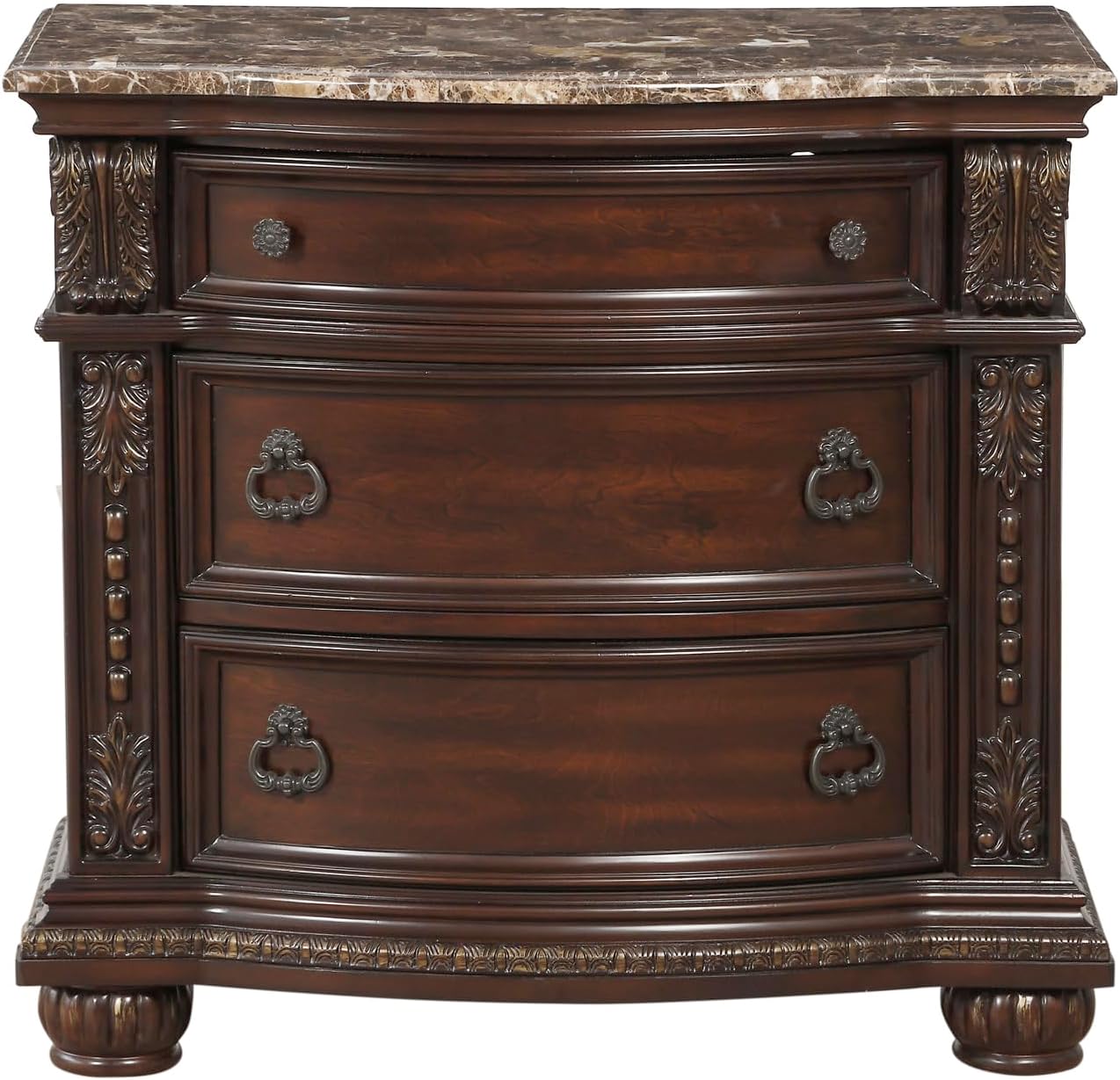 Traditional 3pc Set Formal Bedroom Furniture Queen Size Sleigh Bed and 2X Nightstands Marble Top Classic Design Dark Cherry Finish with Gold Tipping