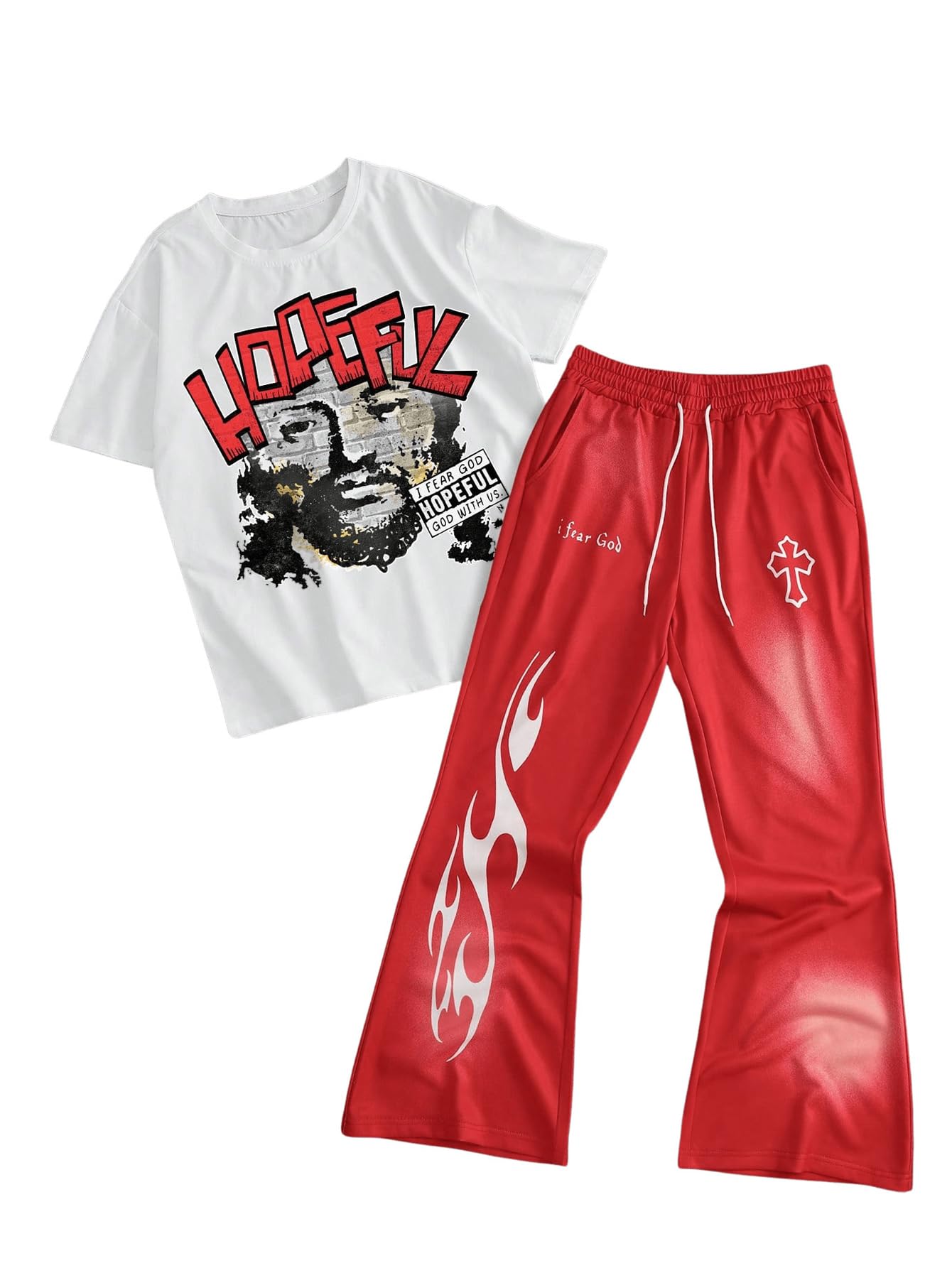 VIPWOLF Men's Y2K Outfits 2 Piece Graphic Tee and Pants Rave Sweatsuits Set