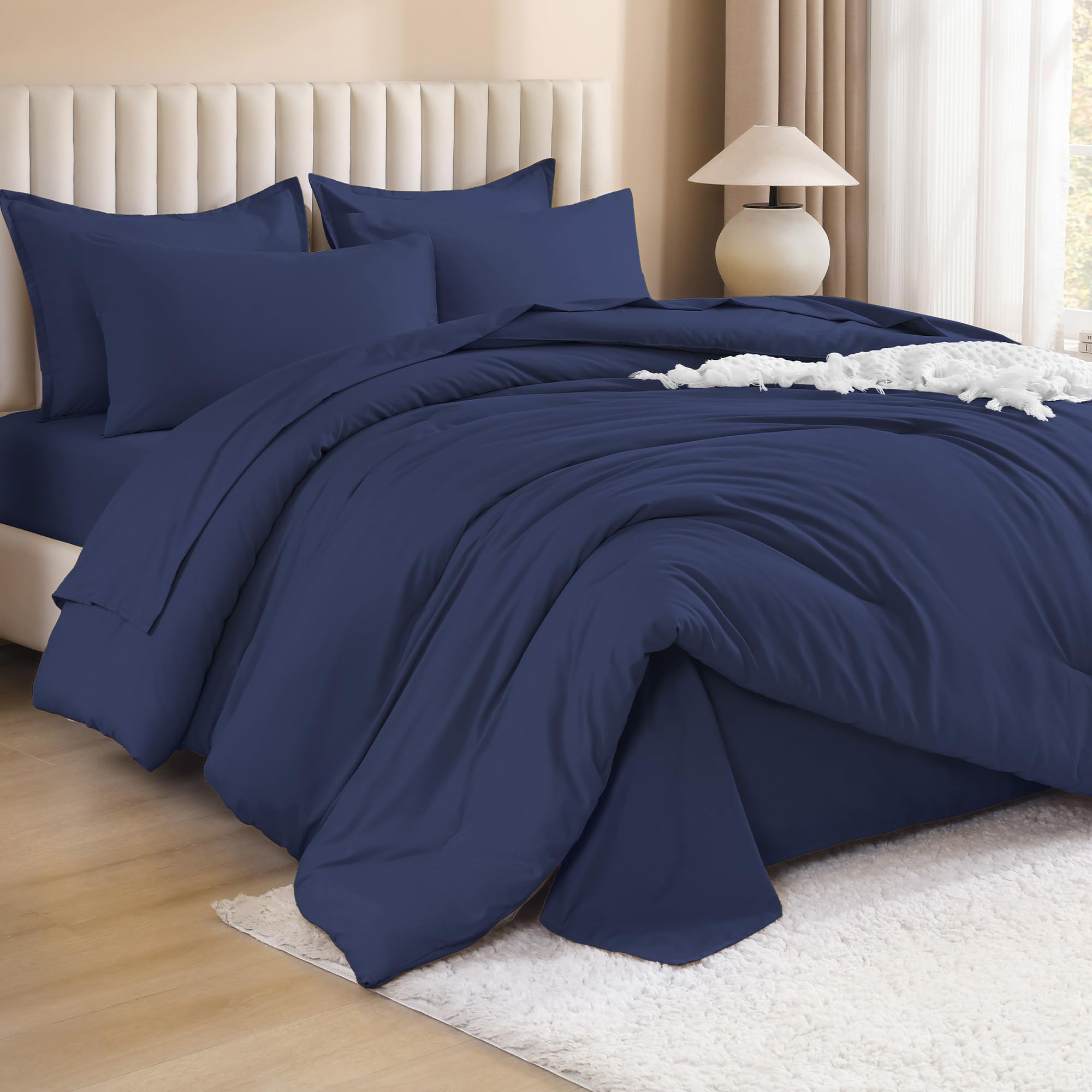 Litanika Queen Comforter Set Navy Blue - 7 Pieces Bed in a Bag Queen Bedding Comforter Sets, Solid Lightweight Bed Set with Comforter, Sheets,