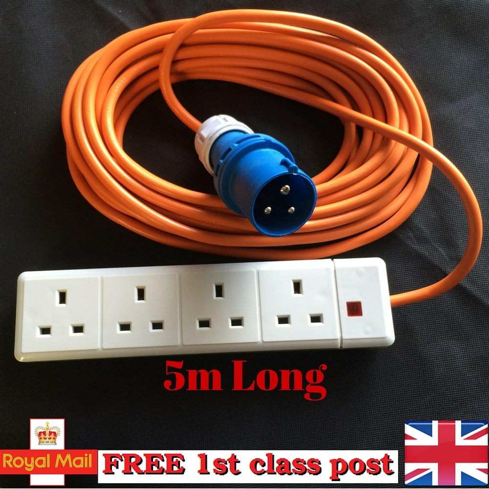 MarkUK® 25M Camping Electric Hook Up Cable Lead 13a to 16A extension lead 4 way Adaptor For Tent, Motohomes, Boats - Heavy Duty Caravan MarkUK