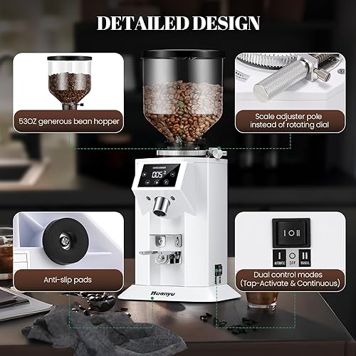 Miniatura 5 de Huanyu Molinillo de café profesional con rebaba plana de 2.913 in, tolva de frijoles de 53 onzas, 15 ajustes de molienda infinitos, molinillo de