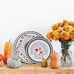 12-Piece Melamine Dinnerware Sets,Unbreakable Dinnerware for Indoor and Outdoor Use, Dishwasher Safe, Lightweight Dinner Service for 4, Black and White, Retro Flower, ZS-DM011