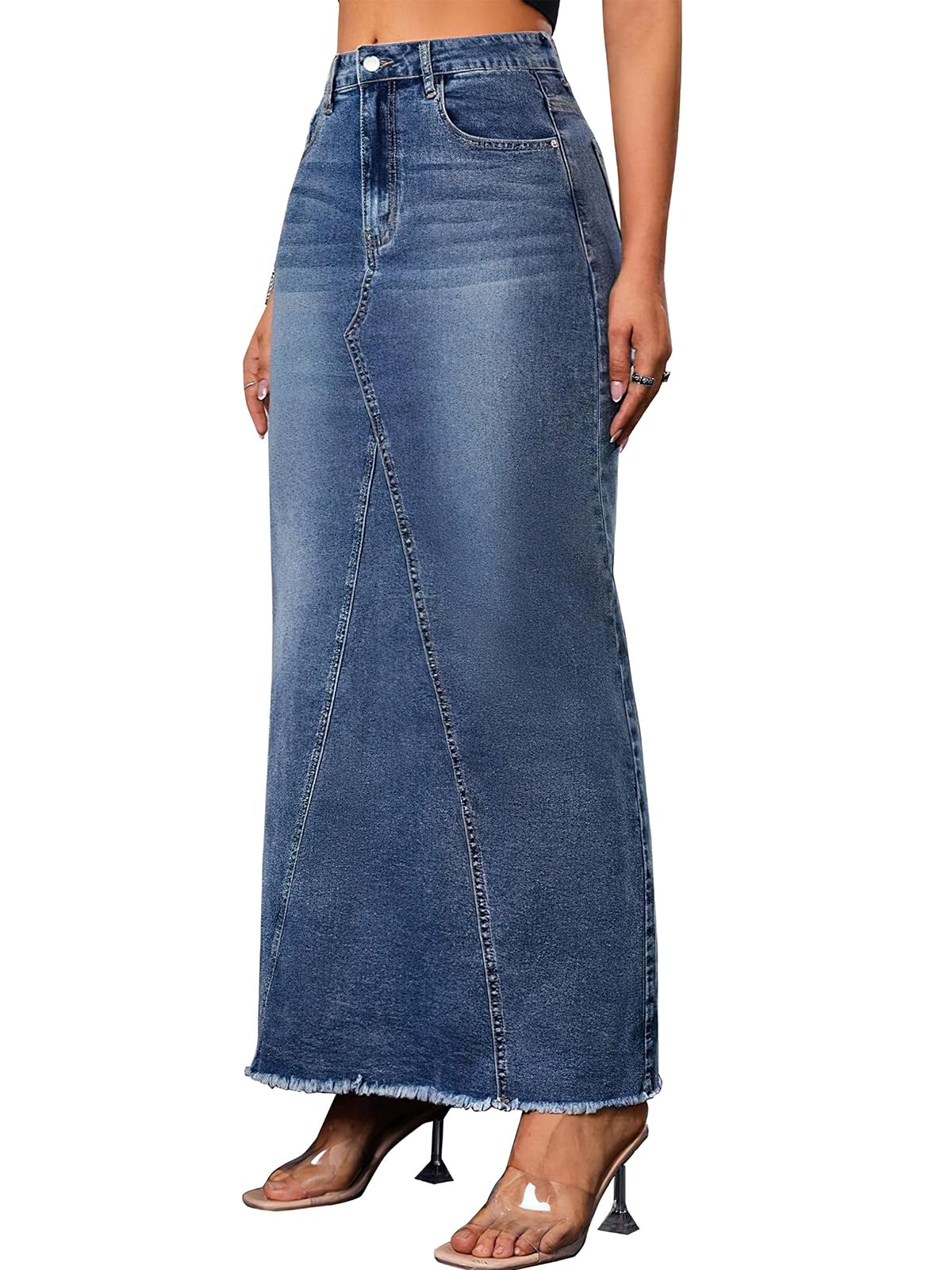 ebossy Womens High Waist Denim Skirt Frayed Hem A Line Spliced Slim Maxi Long Fishtail Jean Skirts