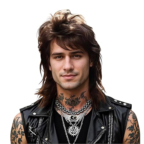 Peluca de salmonete Rock de los años 80 para hombre, peinado retro marrón para cosplay, fiestas y moda vintage