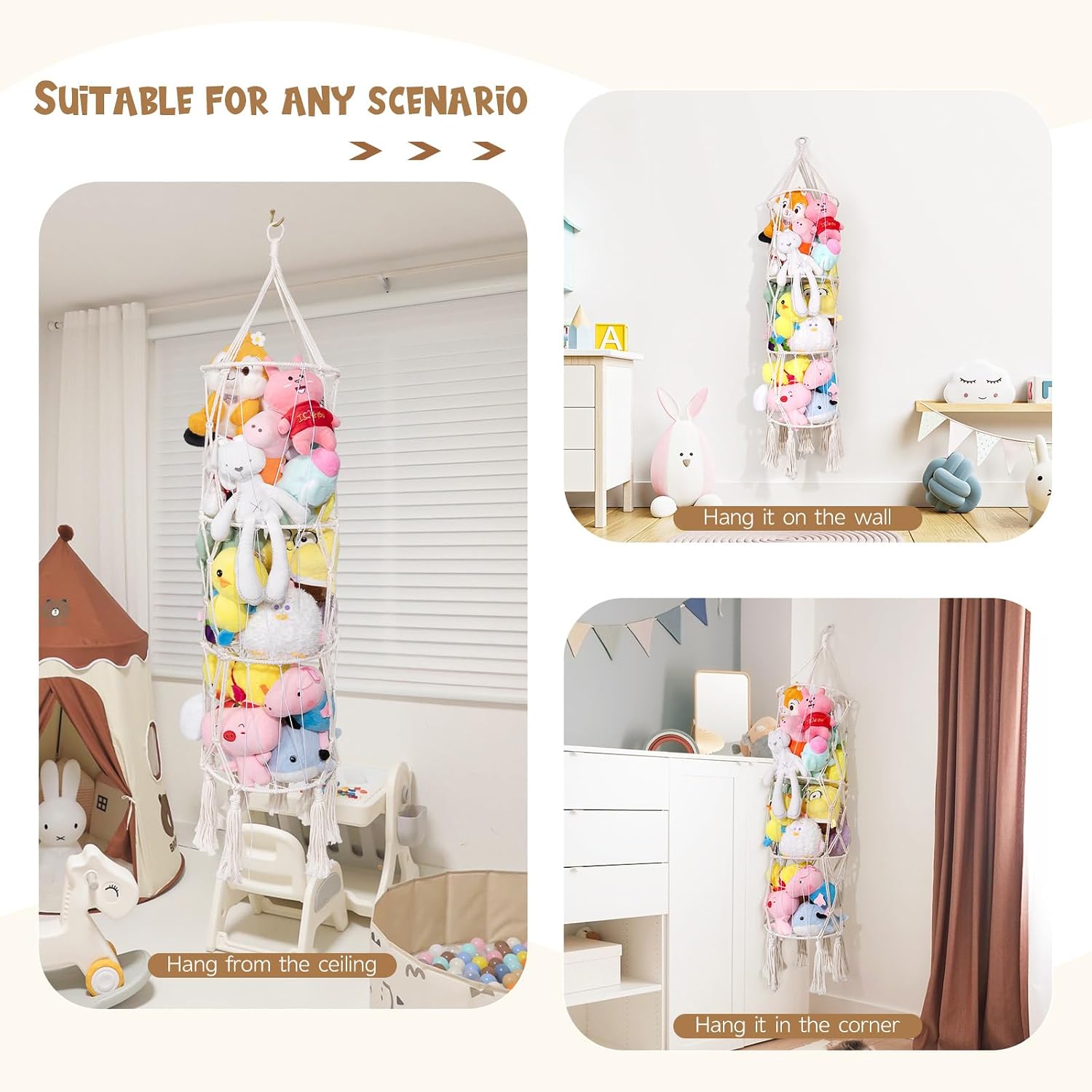 Stuffed Animal Storage Hammock or Net Corner，Hanging Net Stuffy Animal Hammock With 3-Layer Space，Cute kids toy storage Nursery Bedroom Room Decor