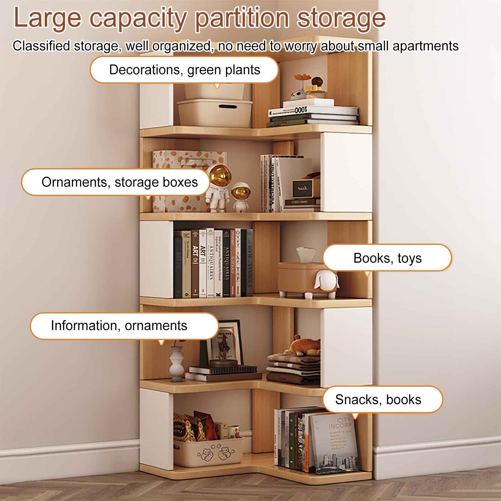 Libreria Angolare A L In Legno - 5/6/7 Ripiani, Moderna Per Casa, Ufficio O Camera Da Letto - Foto 7