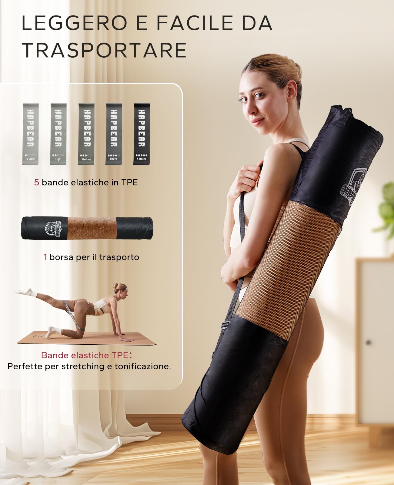 HAPBEAR Tappetino da Yoga in Sughero/Gomma/PU Antiscivolo - 183 x 76/92/116 cm - 100% Naturale e Resistente Tappetino da Ginnastica per Yoga e Pilates - Bande di resistenza e custodia di trasporto