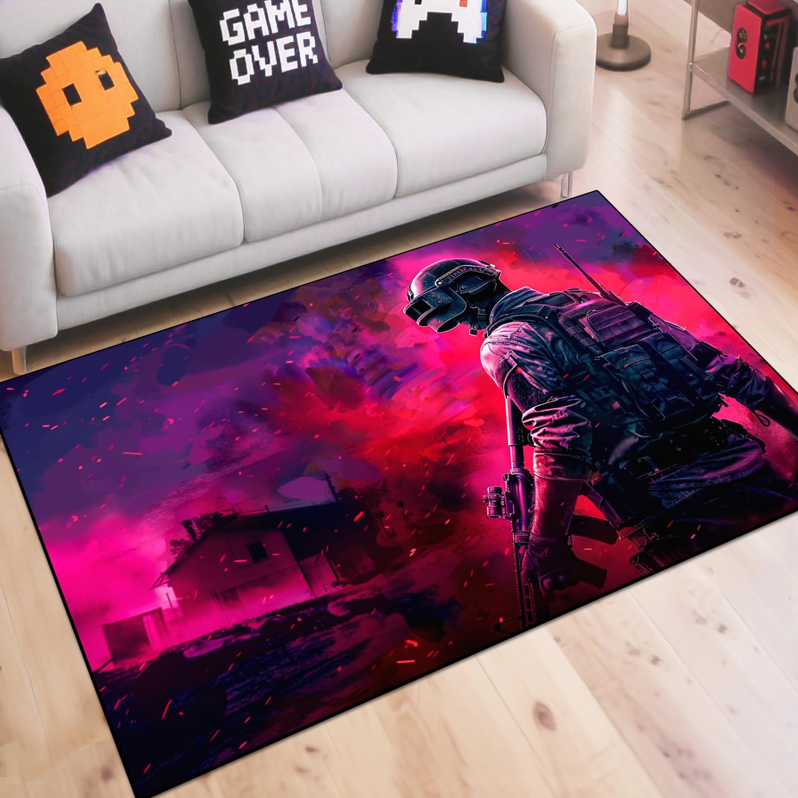 Shooting Gaming Area Rug Teen Boys Carpet, Battle Game Rug and Colorful Bomb Background War Design for Game Room, Gaming Room, Boys Girls Bedroom