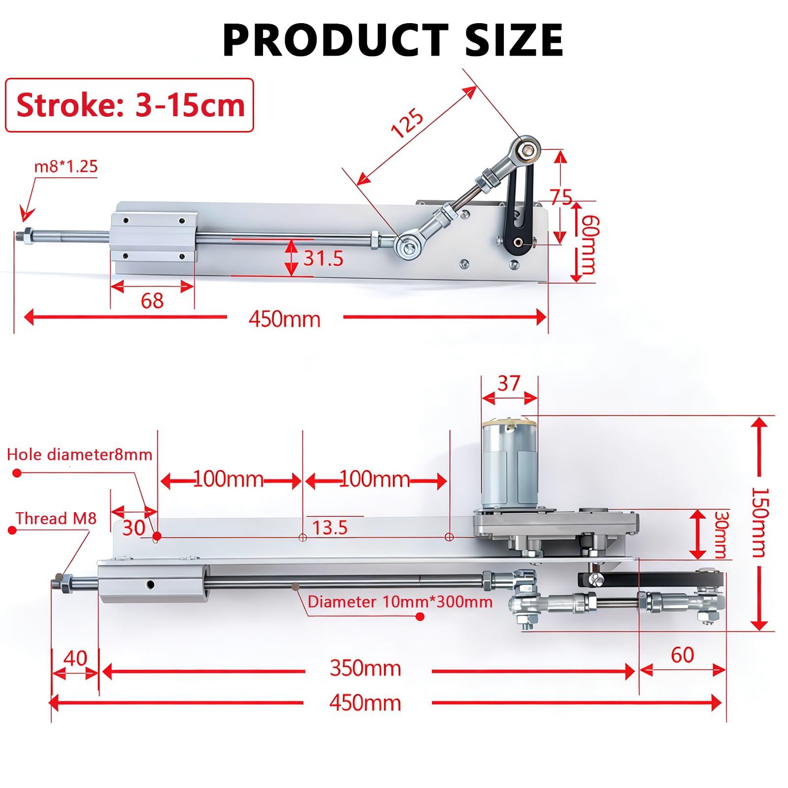 Motor de pistón alternativo para bricolaje, accionamiento lineal CC 24 V, carrera ajustable 30-150 mm, 120 rpm, motor telescópico ajustable con regulador de velocidad, mando a distancia y ventosa