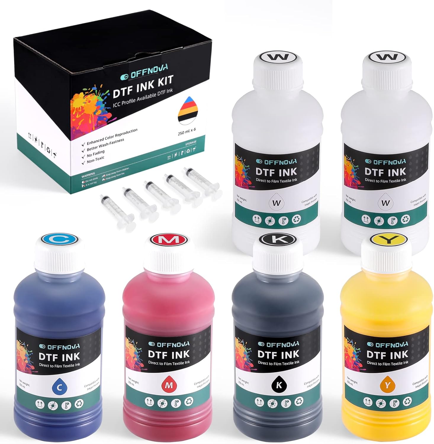 OFFNOVA Premium DTF Ink 1500ML, DTF Ink Refill for DTF Inkjet Printer ET-8550, XP-15000, L1800, L805, R1390, R2400, Direct to Film Heat Transfer Printing, 250ml x 6 (CMYK + 2White)