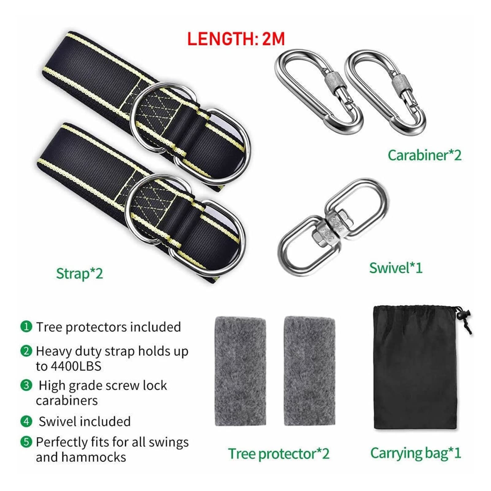 Hamak ramiączka - Szybka instalacja Huśtawka Huśtawka Wisząca Paski Drzewo Ochraniacze z bezpieczniejszą blokadą Carabiners Swivel (Color : 2m with Swivel)