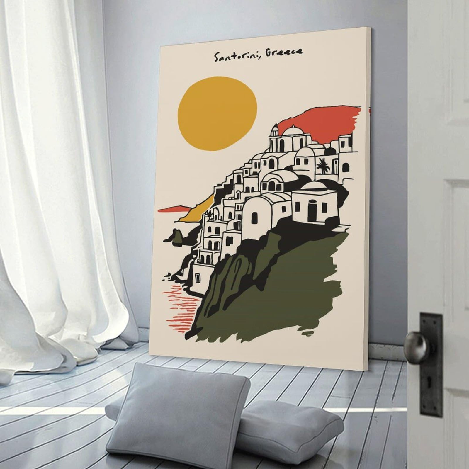 Junmoney Santorini, Greece Illustration Wall Art Print, 20x30inch(50x75cm), for Office, Study Or Home Workspace, Decorative Artwork for Productive Spaces