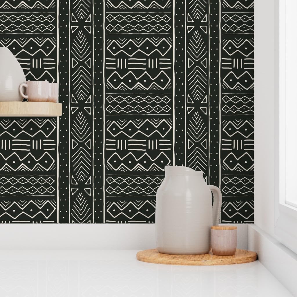 Peel & Stick Wallpaper Swatch - African Inspired, Mudcloth, Bone White On Black, Tribal, Boho Custom Removable Wallpaper by Spoonflower