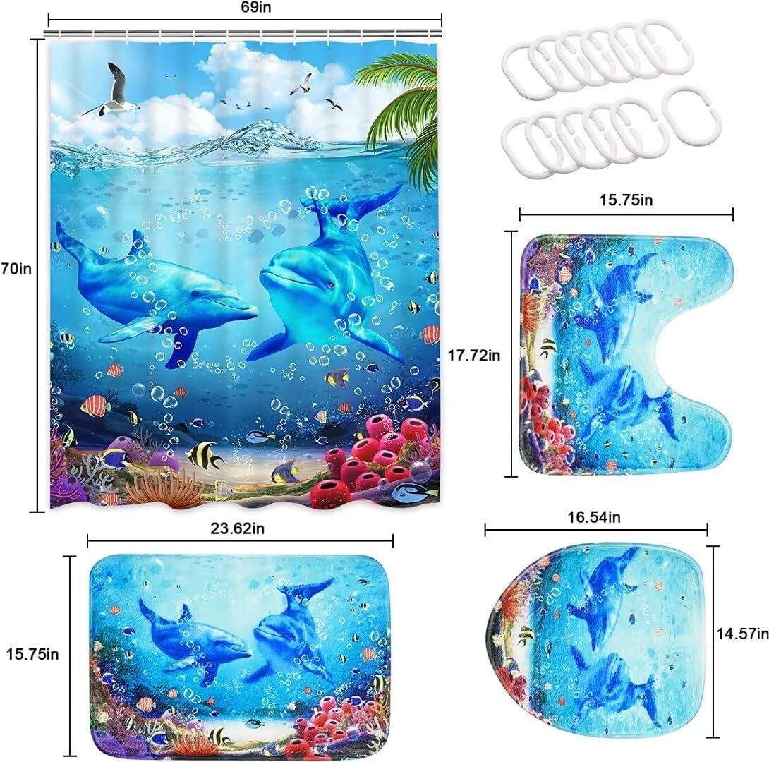 Yizheer 4Pcs Blue Ocean Dolphin Shower Curtain Sets with Rugs, Toilet Lid Cover and Bath Mat, Bathroom Shower Curtains Bathroom Decor Set