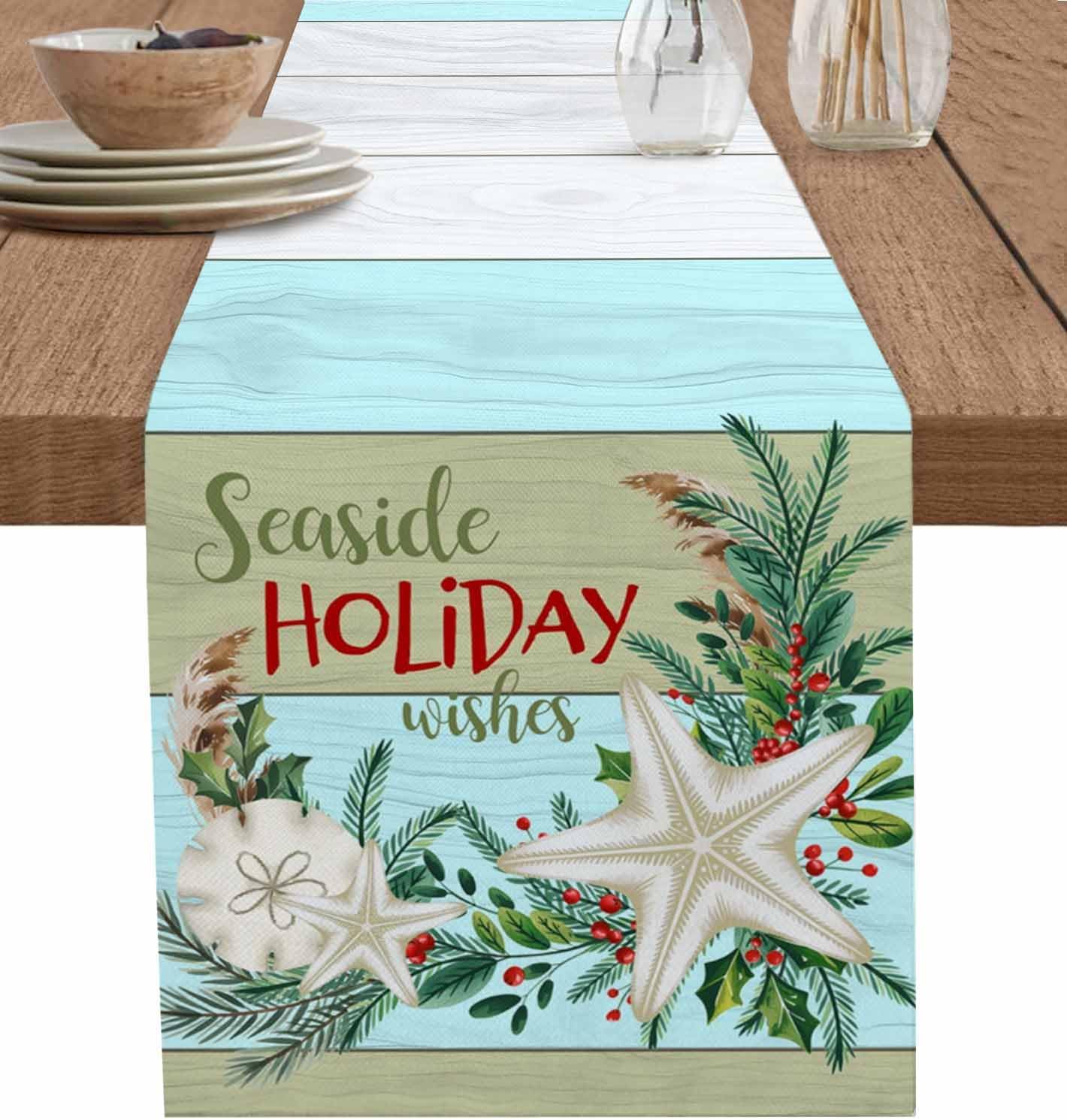 Coastal Christmas Table Runner - 72 Inch Long Seaside Holiday Wishes Xmas Beach Starfish Cotton and Linen Blended Dress Scarves Farmhouse Table Runner for Kitchen Dining, Coffee Table, 18" x 72"
