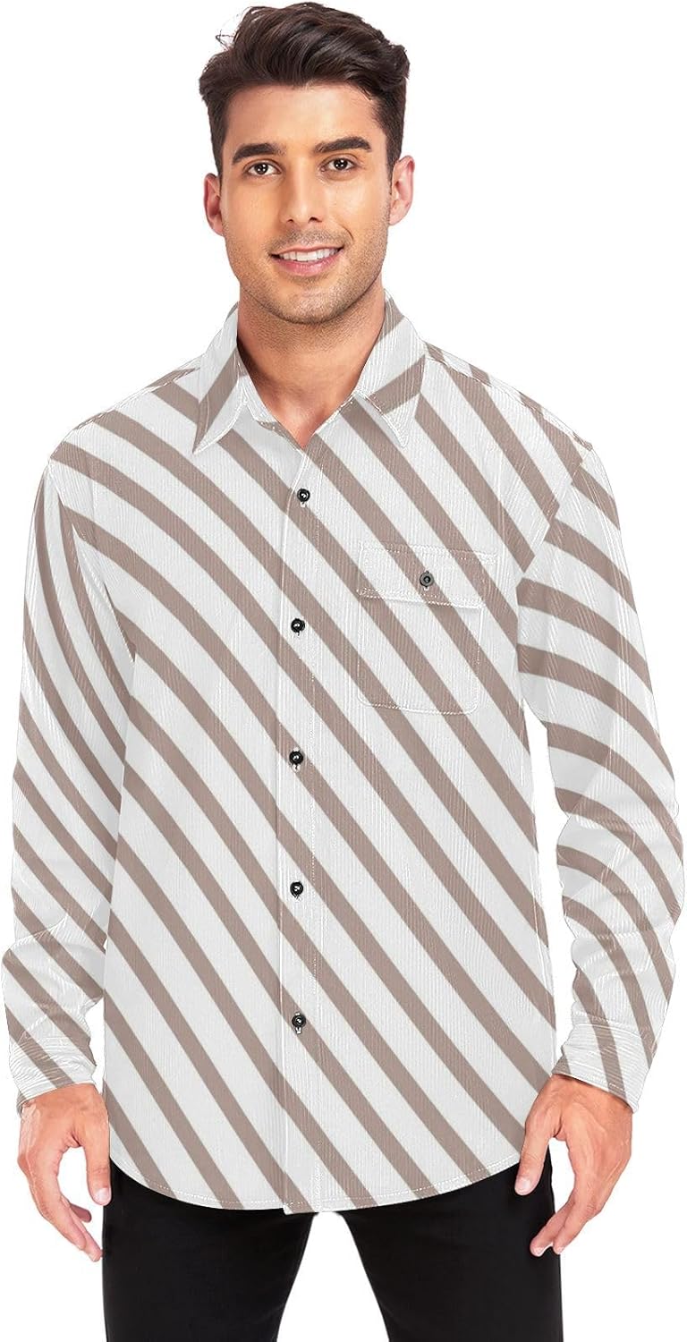 Brown Stripes Woolen Cord Fabric Mens Rugby Shirts Long Sleeve for Women Regular with Pockets
