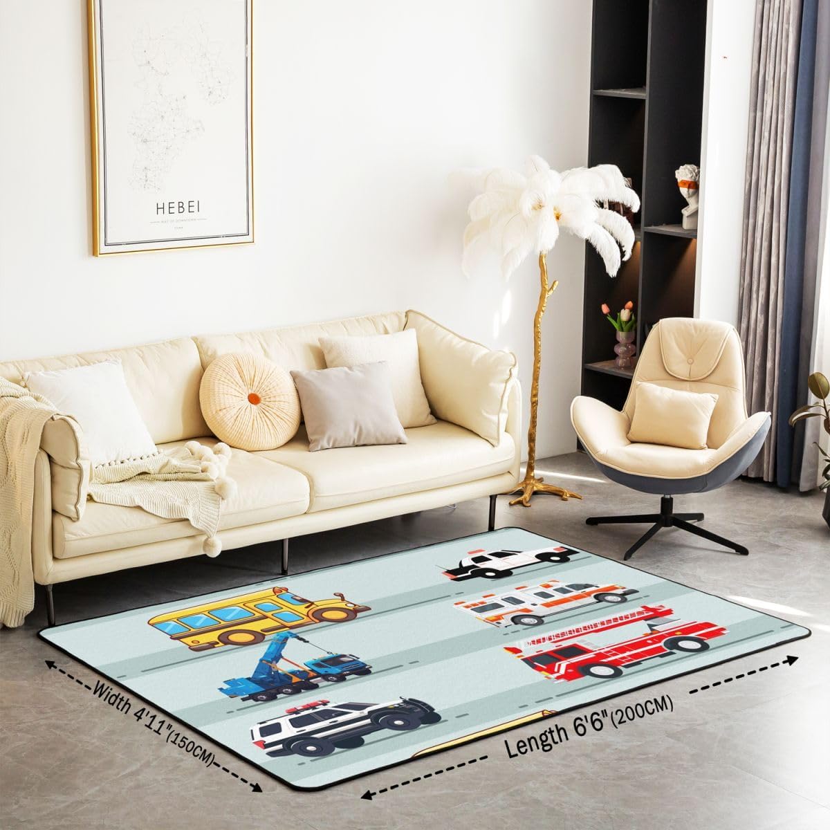 Erosebridal Fire Truck Area Rug,Police Car Rug,School Bus Carpet for Kids Boys Teens Youth,Equipped Truck Cartoon Vehicle Indoor Floor Mat Bedroom Dorm Decor Cartoon Playroom Rug 3x5