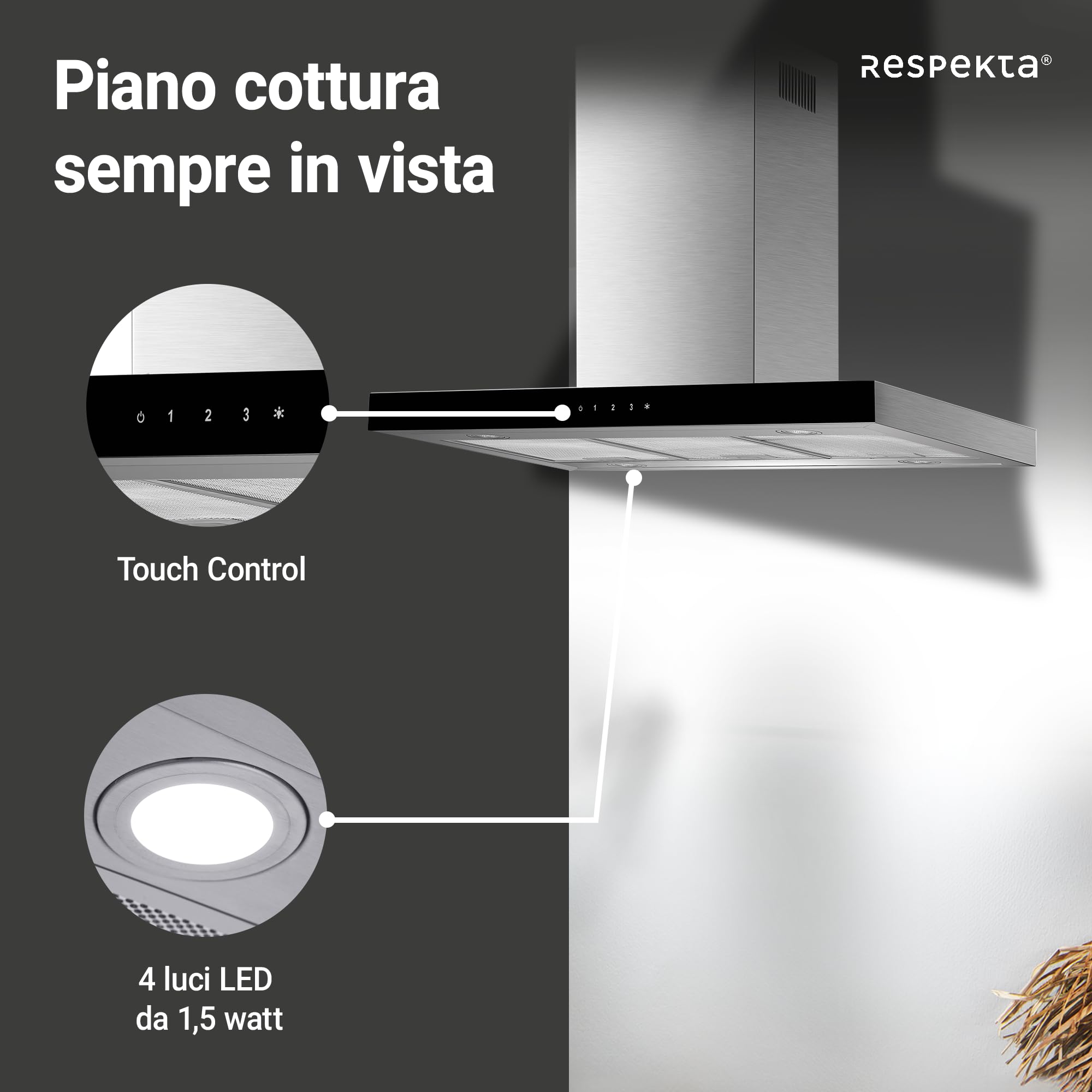 Respekta Cappa Aspirante, Cappa a Isola 90 cm, Struttura in acciaio inox con paralume in vetro Nero, Funzione di scarico e ricircolo d'aria, CH44099GISAM, A, 58–73 dB