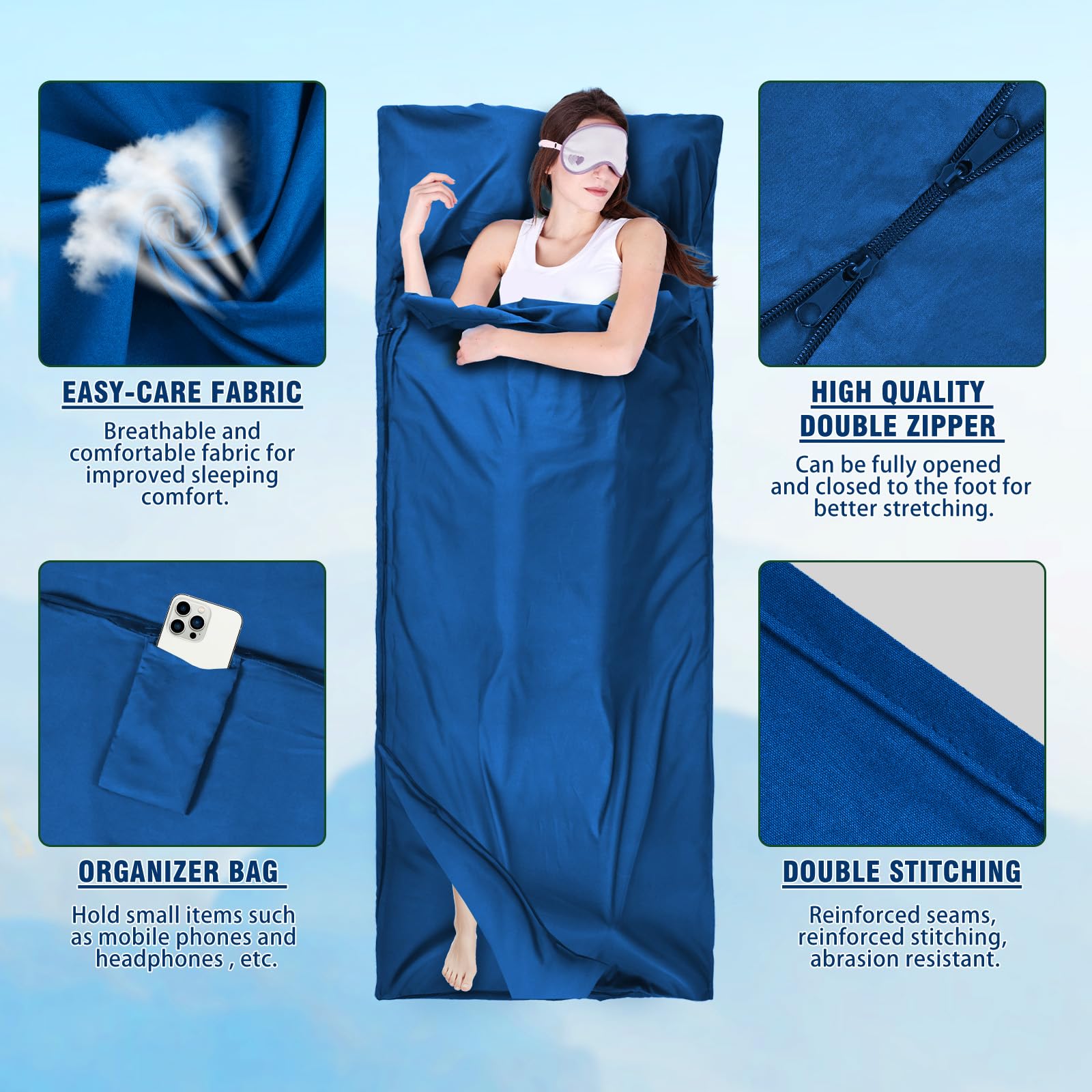 Saco de dormir de algodón ultraligero de viaje, saco de dormir de viaje con cremallera de dos vías, saco de dormir de algodón de microfibra con compartimento para almohada para camping, senderismo