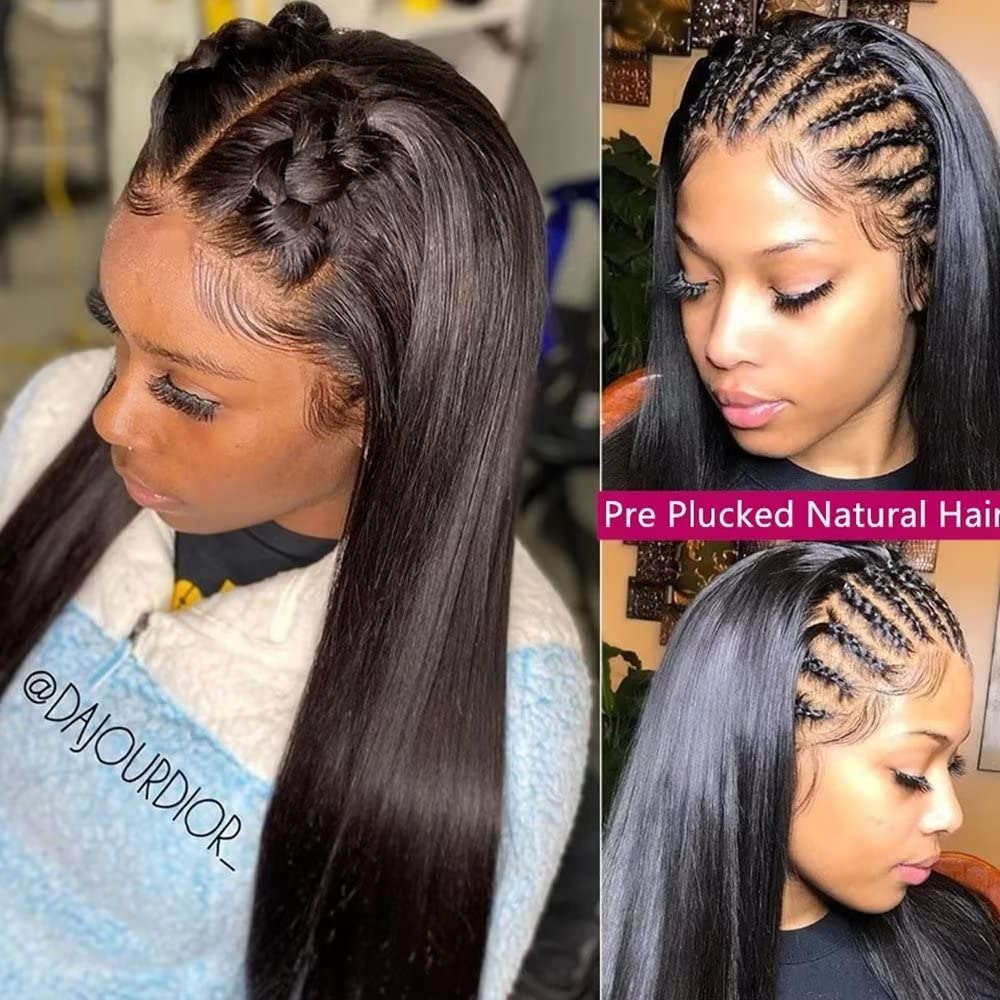 Real Full Lace Human Hair Wigs Pre Plucked Silk Straight HD Invisible Lace Brazilian Hair Wigs 150% Density Full End Straight Glueless Wigs with Baby Hair Bleached Knots For Black Woman 14Inch