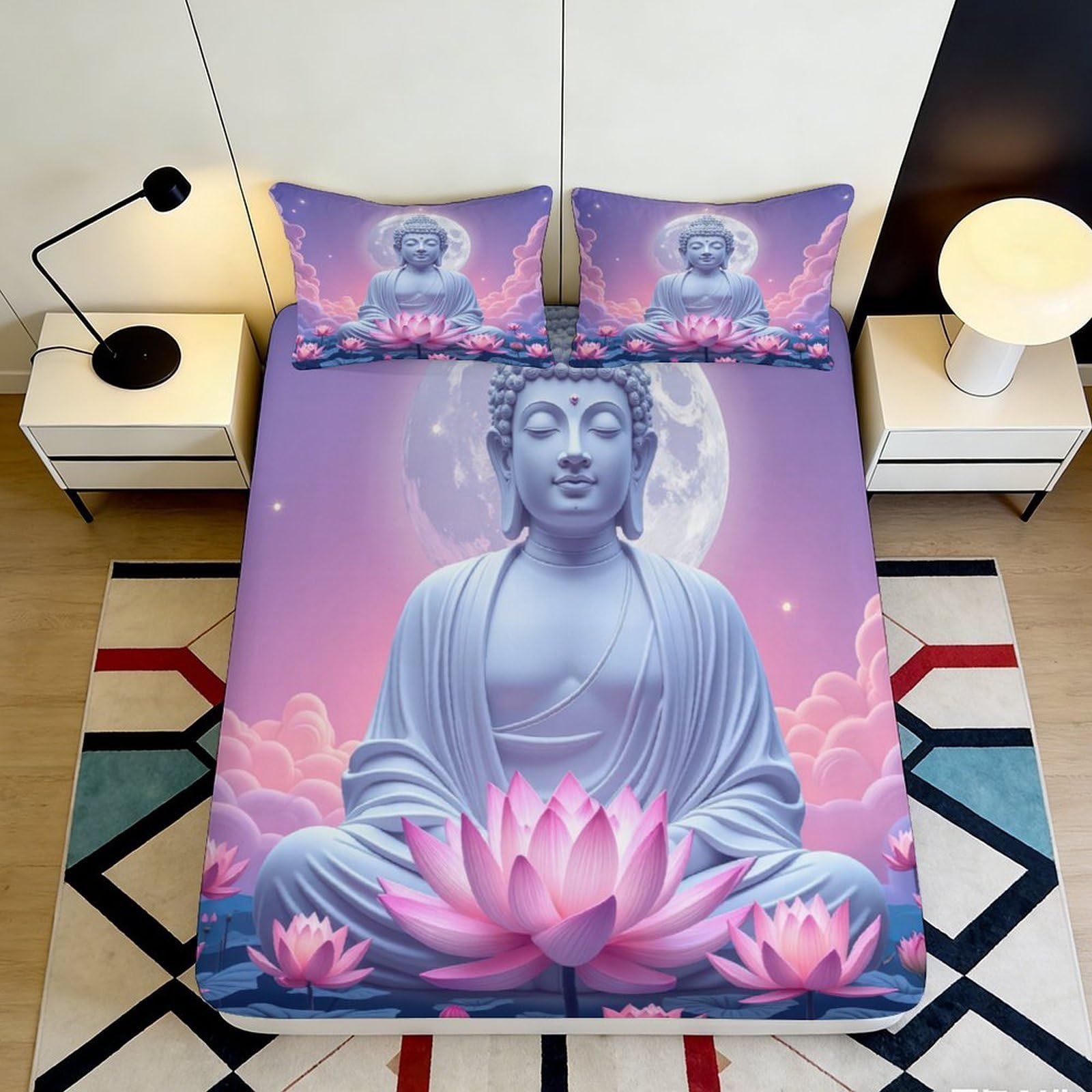 Jqzkxnhpbr Style-4 3D Printed Buddha Lotus Fitted Sheet Microfiber Soft Anti-Slip Moon Bed Cover For Bedroom Guest Room Decor 90X200x25cm
