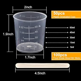 50パック 60ml/2オンス プラスチック 目盛り付きカップ 透明スケール クリアエポキシ ミキシングカップ 100パック木製撹拌スティック付き 樹脂、エポキシ、ステイン、混合ペイント用