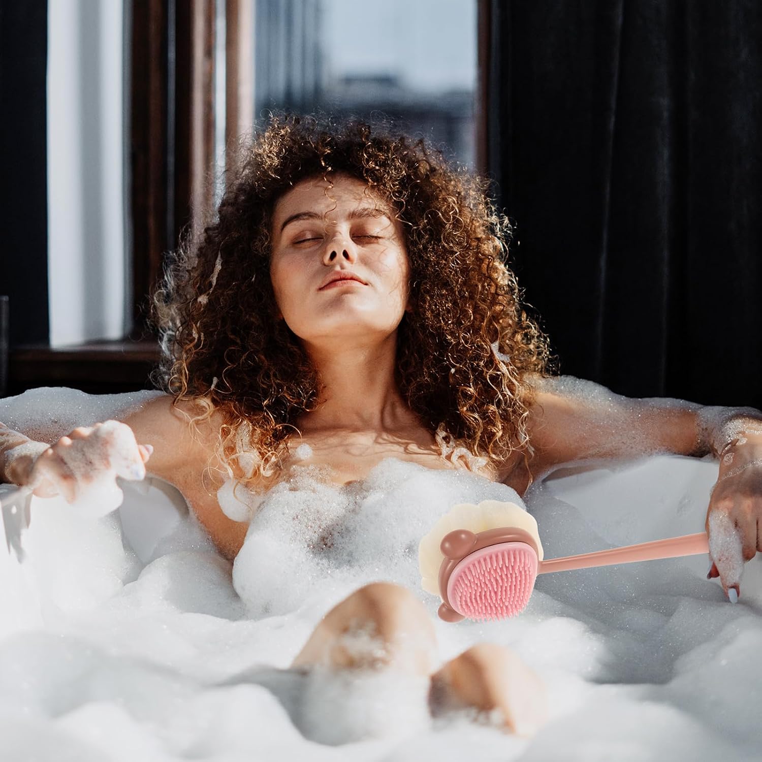 Dual-Side Silicone Bath Back Scrubber with Long Handle, Red Shower Brush for Exfoliating and Deep Cleansing, Body Wash Brush Suitable for Wet and Dry Use