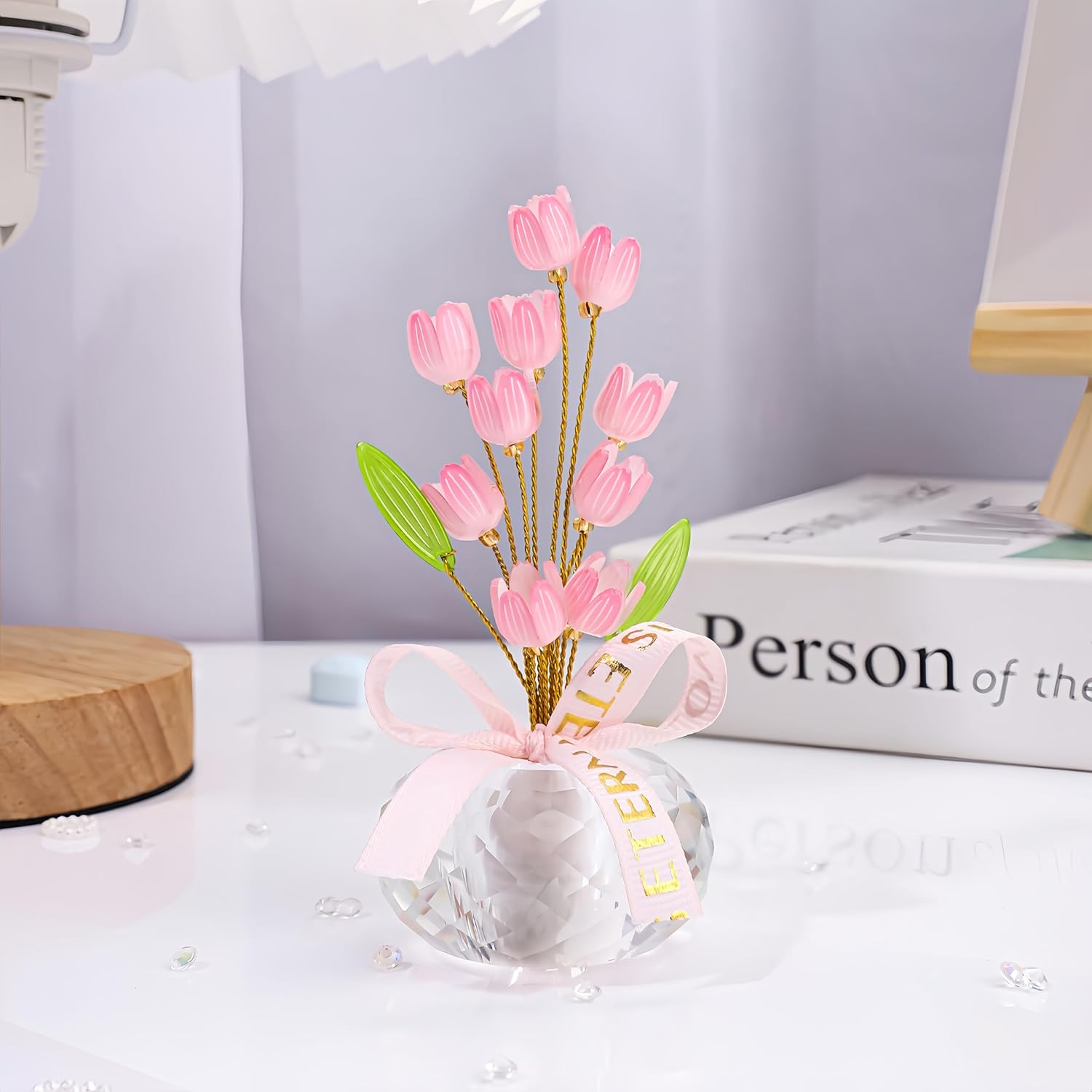 Crystal Flower Figurine - Handmade Mini Flower Decor with Crystal Base, Plastic Artificial Petals and Adjustable Wire, Cute Floral Ornament for Home/Office/Car, Ideal Gift for Women(Pink Tulips) - Image 3