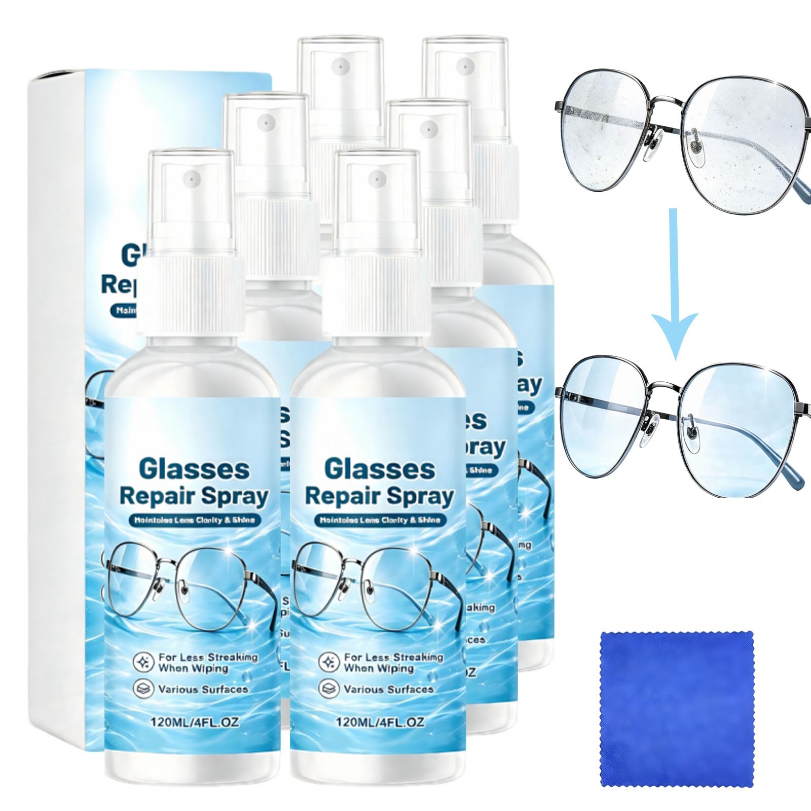 Brillenglasreiniger & Kratzer-Reparaturspray - Tragbare Flasche Mehrzweck-Brillenreinigungsspray, streifenfreies Schnellwischen für alle Linsen, klarere Sicht (6pcs)