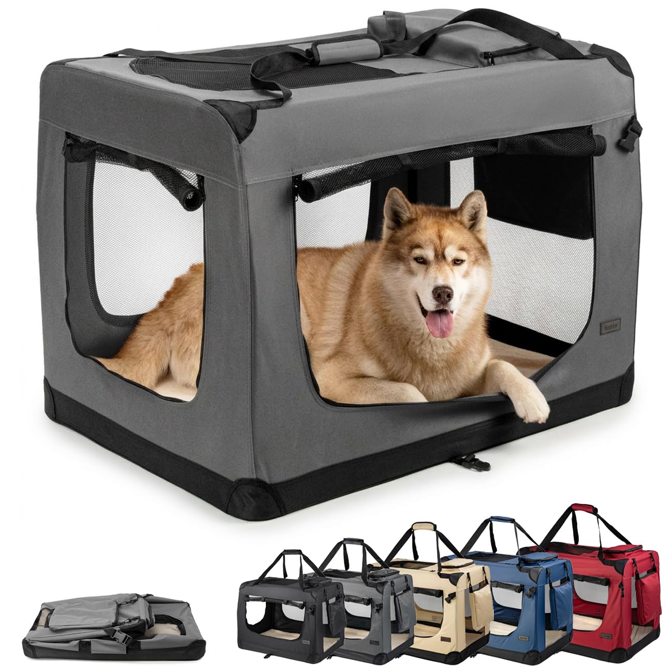 lionto Dog transport box foldable for travel & car, 101x69x70 cm, sturdy transport box with carrying handles & blanket for cats & dogs up to 25 kg, sturdy fabric dog box for small & large, grey