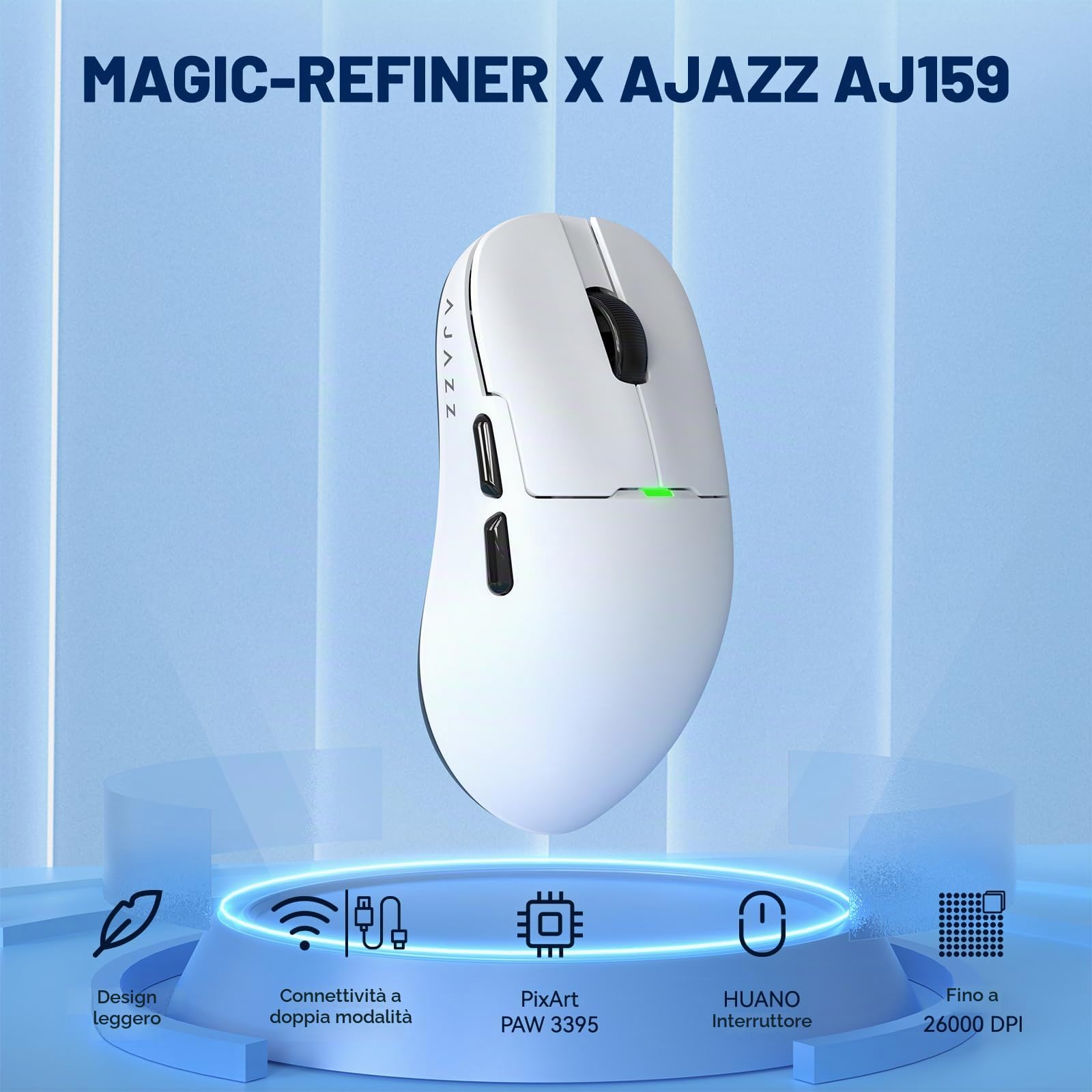 MAGIC-REFINER X AJAZZ AJ159 Mouse Da Gioco Wireless, Mouse Da Gioco Per PC Cablati 2.4G/USB - C, Mouse Computer Ricaricabili, Sensore PAW3395, 6 DPI Regolabili Fino a 26000 per PC/Mac - Bianco