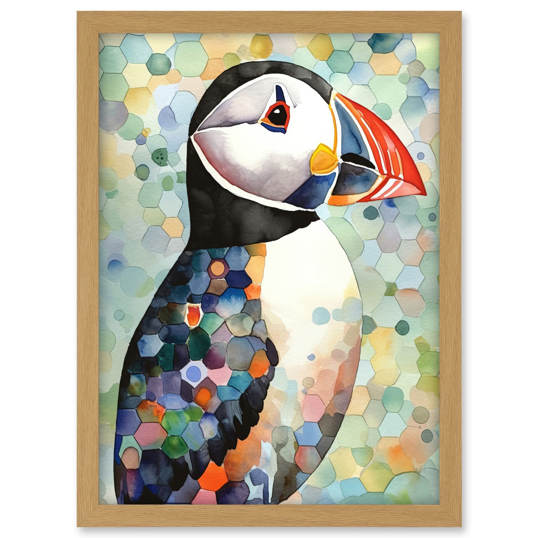 Artery8 Puffin Bird Portrait Pastel Colour Folk Art Artwork Framed A3 Wall Art Print