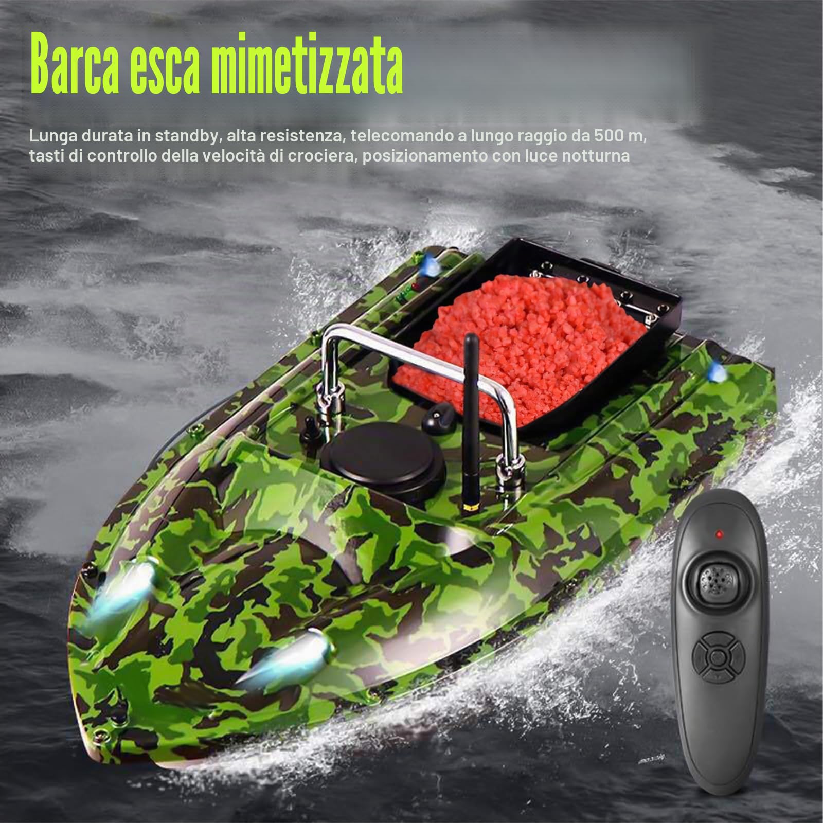 500M RC Fischköder Boot, Telecomando 110-240V Futterboot 1,5KG Carico 2 Motori, LED Senza Fili Mimetico Köder con Caricabatteria e Telecomando