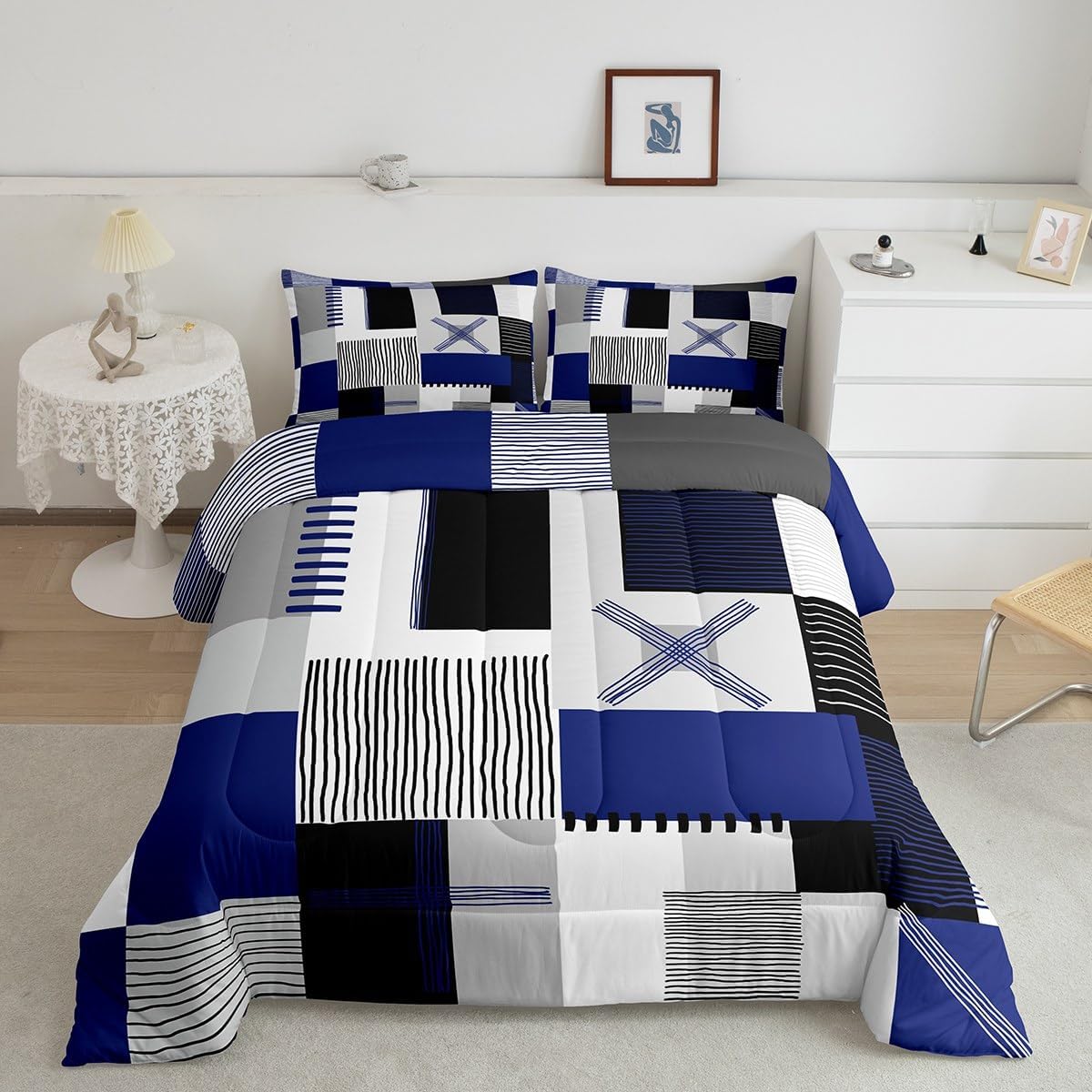 Erosebridal Navy Blue Grey Boys Comforter Set Toddler Black White Abstract Bedding Set for Kids Teen Men Geometric Square Quilt Grids Checkered Duvet Insert Modern Fashion Room Decor 2 Pcs