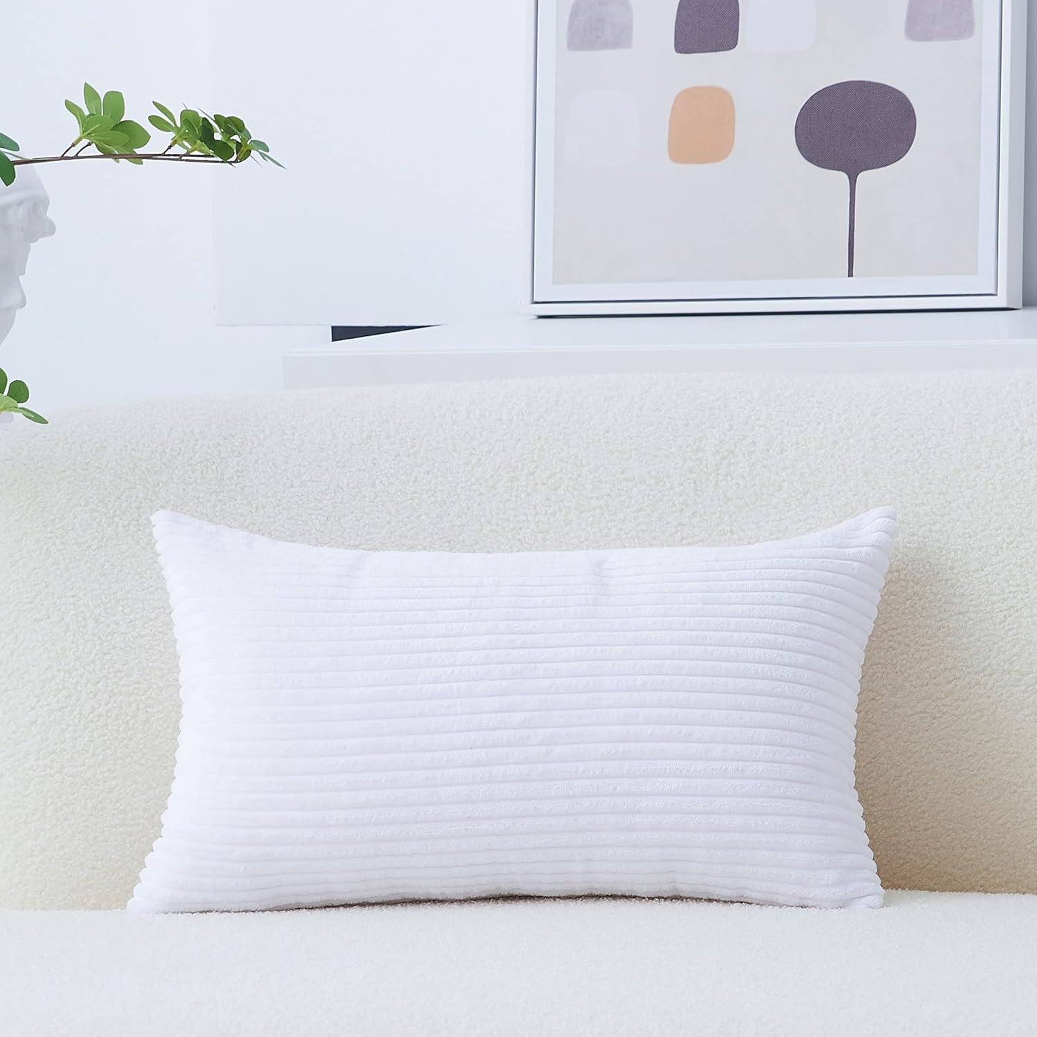 Home Brilliant Oblong Pillow Cover Decorative Striped Corduroy Rectangle Cushion Cover for Couch, Spring Decor 12 x 20 Inch, Pure White