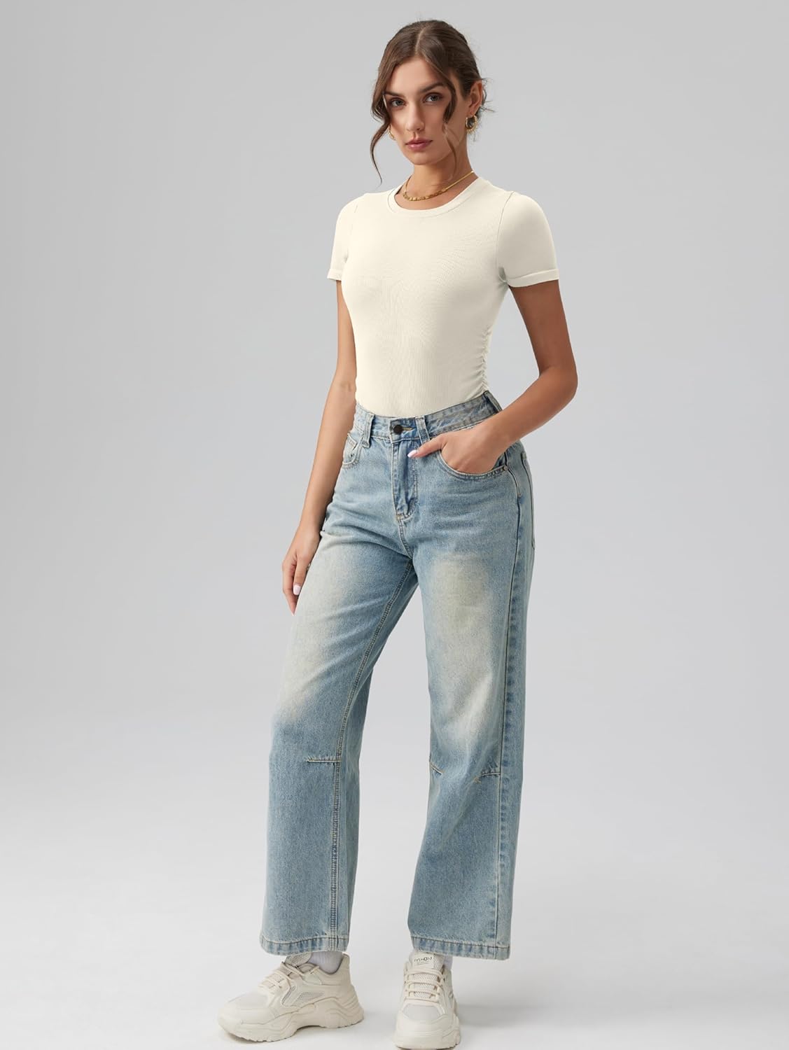 OQQ Women's Crew Neck Short Sleeve Bodysuit Ruched Stretch Vacation Basic for Tops Spring & Summer - Image 4