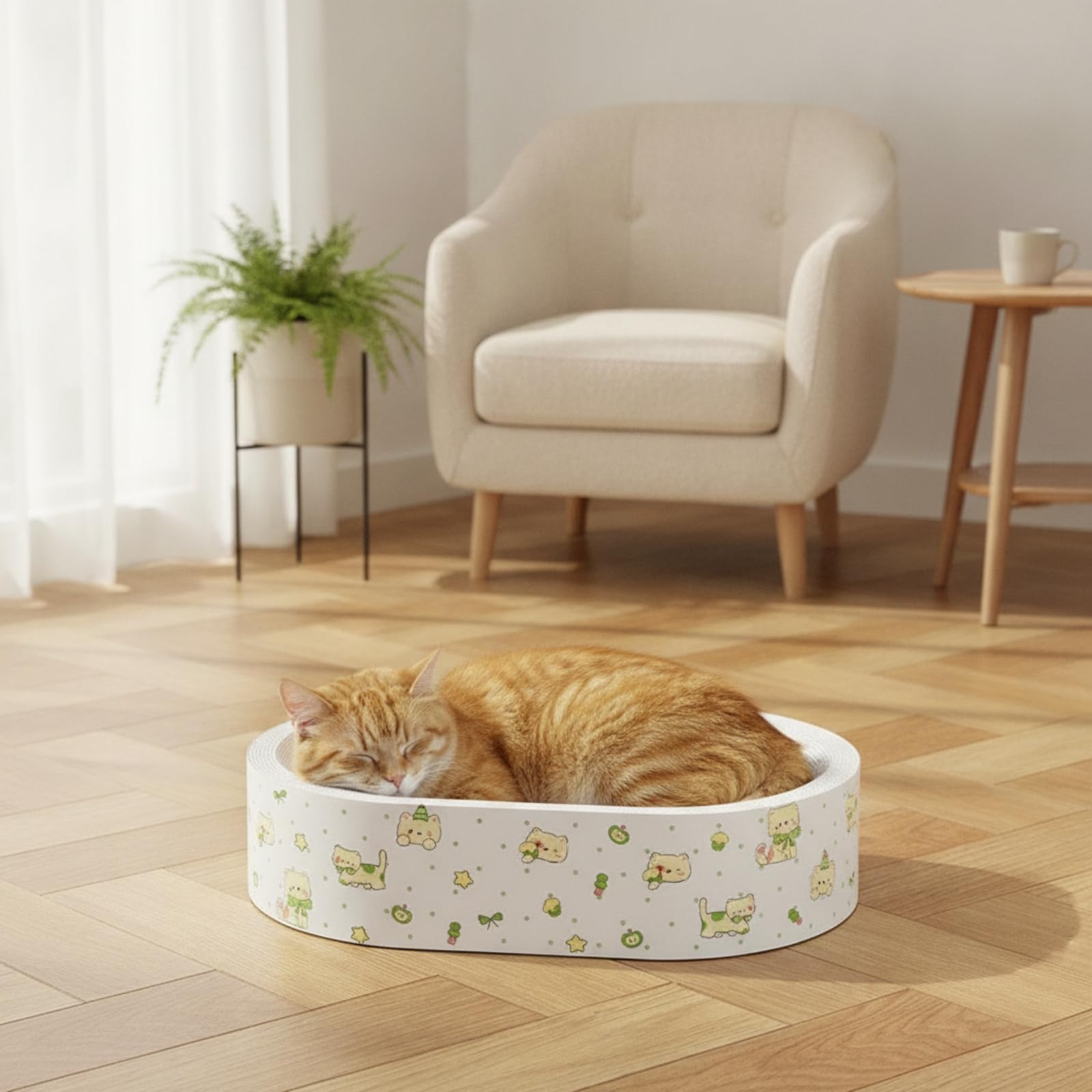 Kratzbett Katze Kratzschale Katzenbett Kratzbrett Liegenest aus Wellpappe mit Strukturierter Innenfläche Und Sauberem Look für Kratztraining Und Ruhe, Oval 55 cm, Cartoon