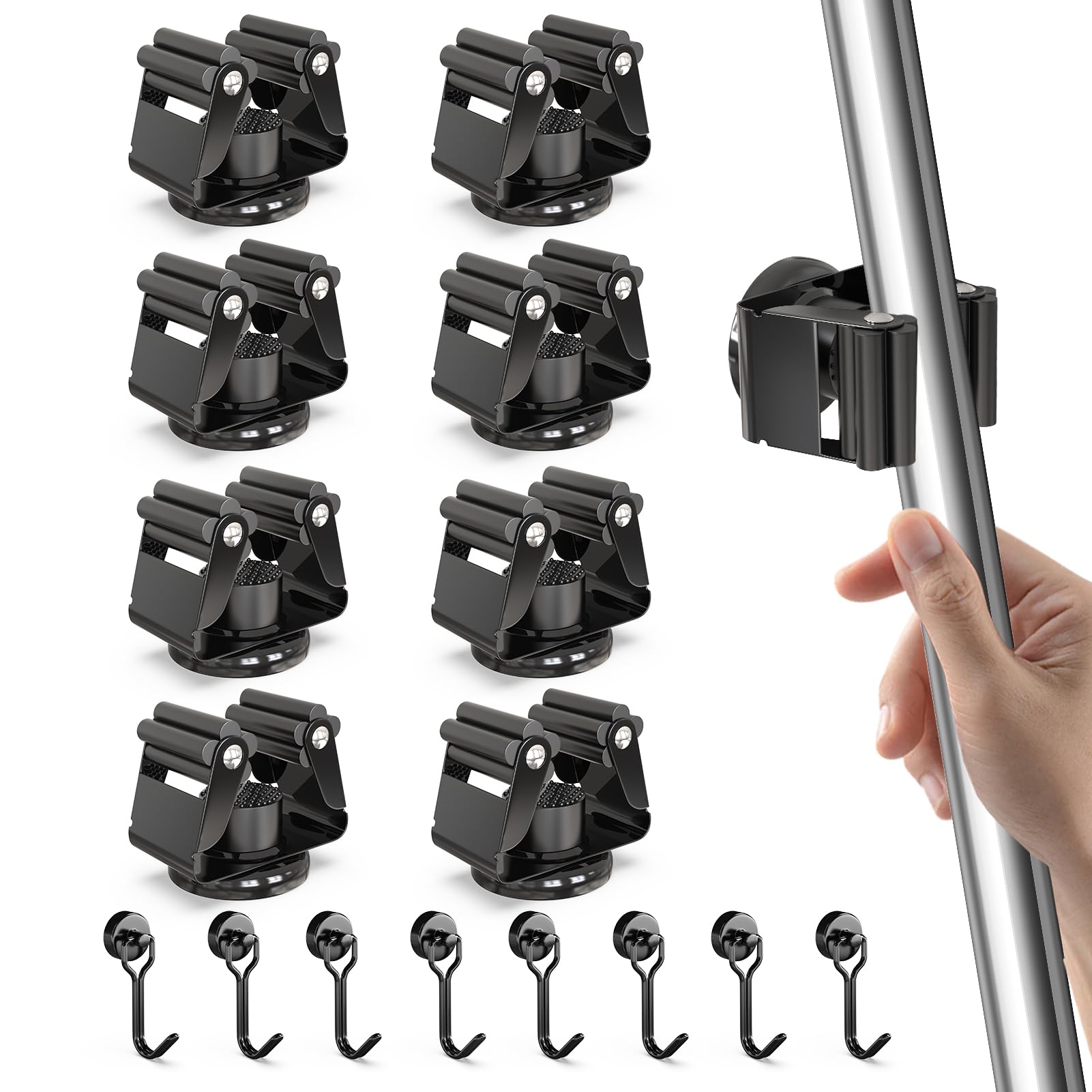 3-H 8 soportes magnéticos para escobas, de acero inoxidable, para escobas, herramientas de jardín y escobas, con 8 ganchos magnéticos para cocina, baño, garaje, jardín, hogar, color negro