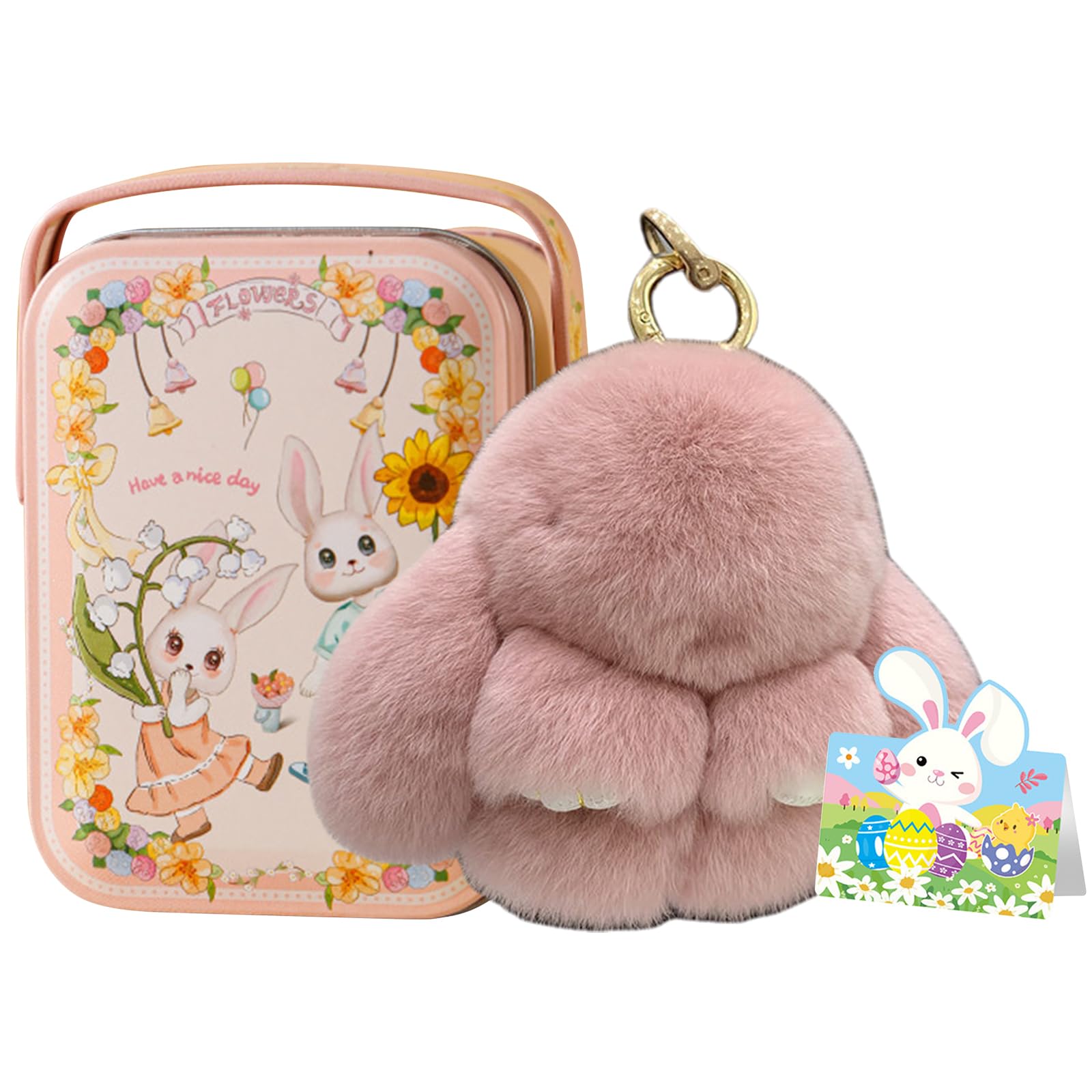 Getbstoop Women's Pink Fluffy Bunny Lulu Keychain, Handmade Soft Bunny Pompom Charms With Exquisite Box, Cute Rabbit Key Ring Charm For Handbag, Gift For Girls, Easter & Birthday