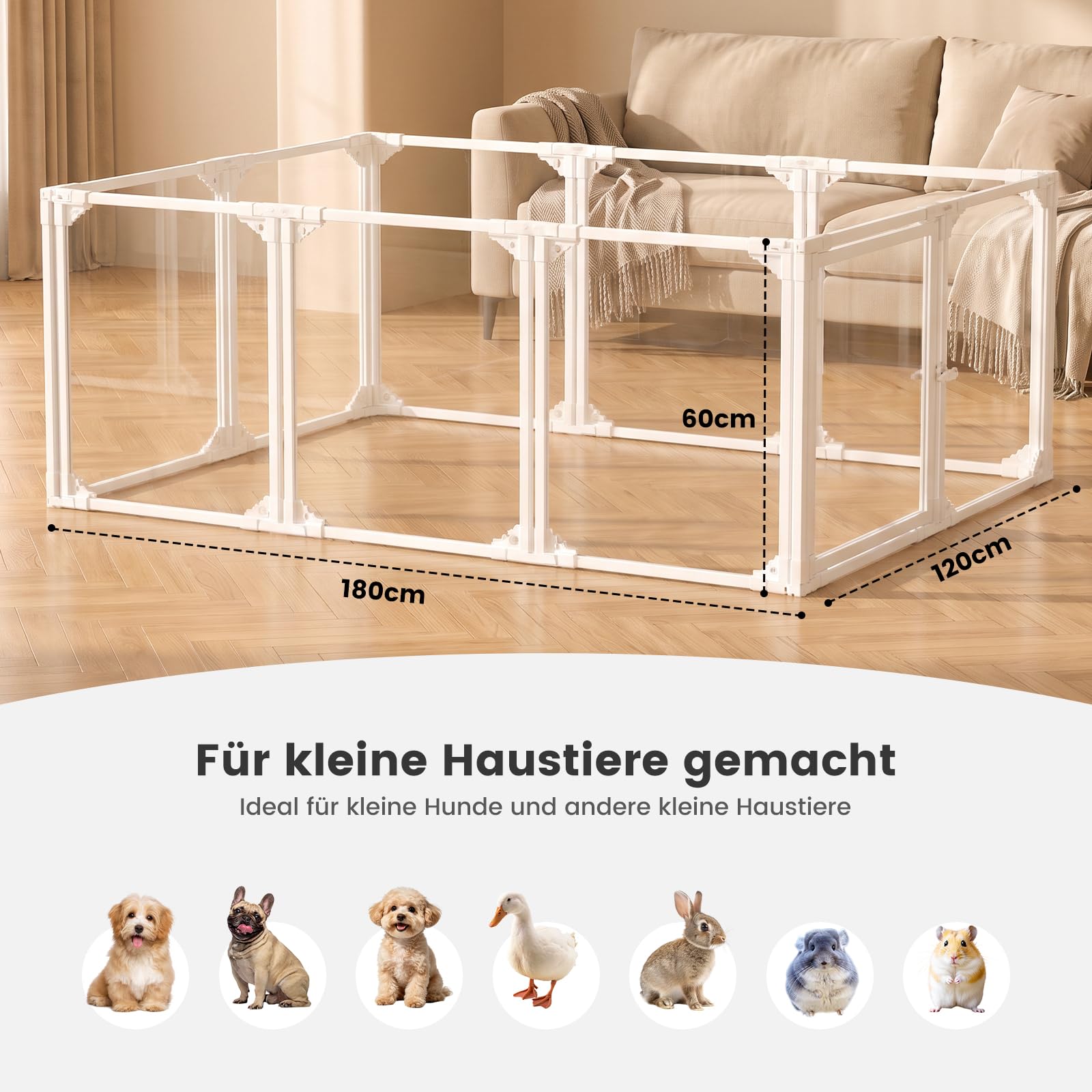 Gardner Pet Przezroczysta płot dla psa, 10 paneli, 60 cm, biała | Metalowa obudowa wewnętrzna z płyty PET, zamknięcie zatrzaskowe i przyssawki, 9 paneli + 1 drzwi dla małych zwierząt