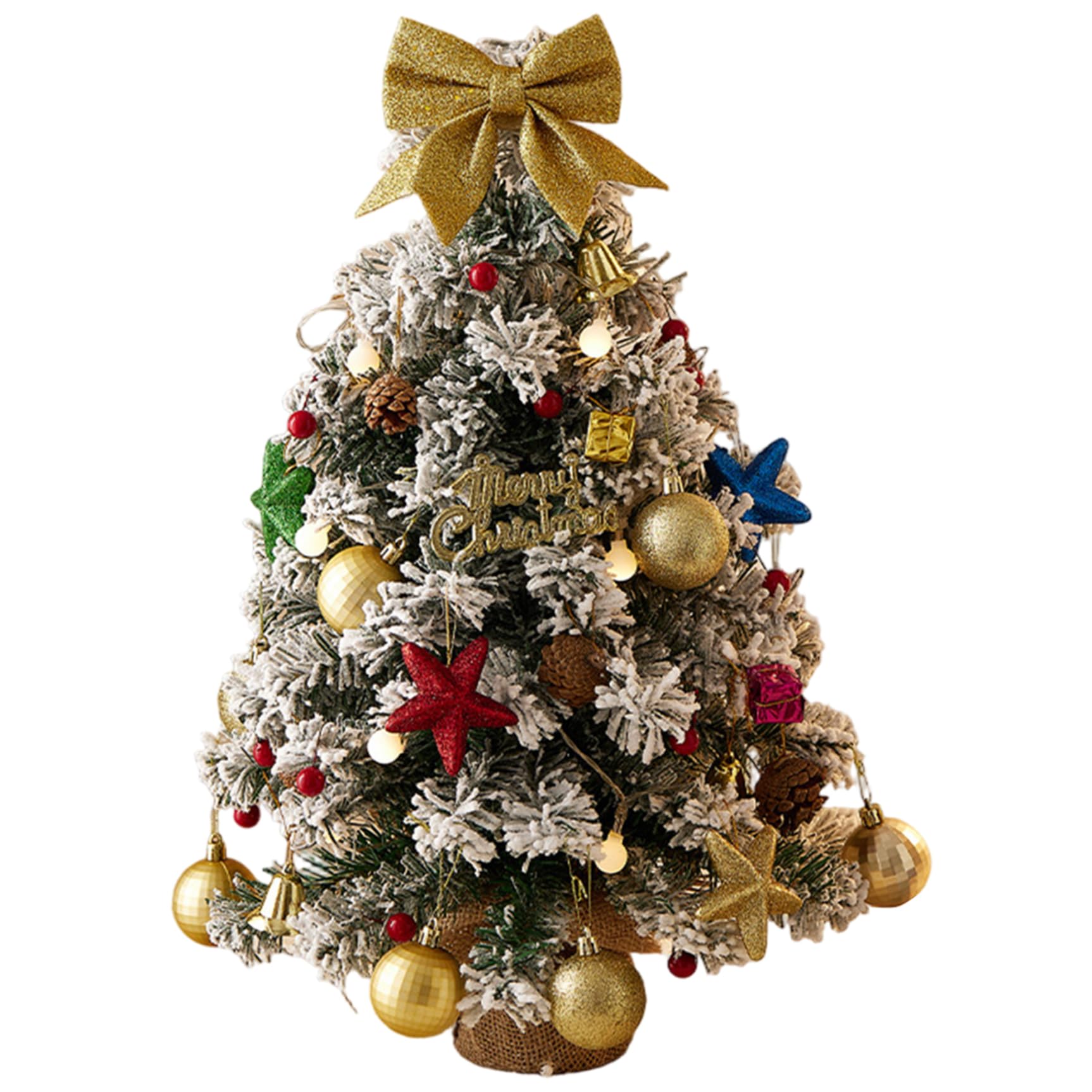 Petit Sapin de Noël avec lumières 61 cm, Arbre de Noël floqué enneigé avec nœud, Boules, Cloche, Pomme pin pour Les Vacances d'hiver, décoration Maison, Bureau, doré