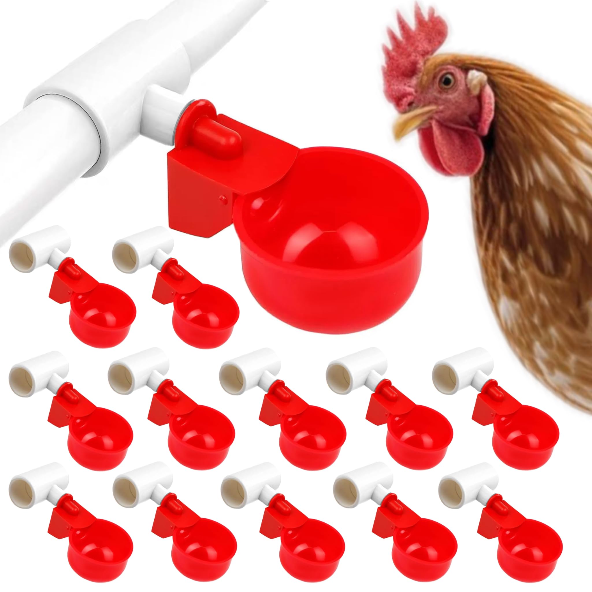 Photo 1 of 24 Pack Automatic Chicken Waterer Cups Kit, Gravity-Fed Poultry Drinker with PVC Tee Fittings for DIY 1/2" Pipe System for Chickens, Ducks & Turkeys (12 Cups + 12 PVC Tees, 24-Piece Kit)