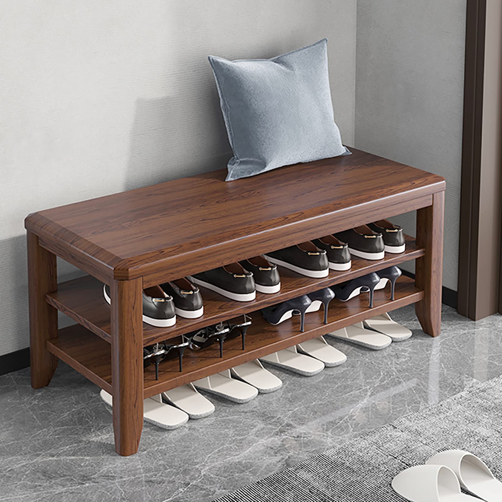Étagère à chaussures en bois massif meuble bas noyer 100cm pour couloir