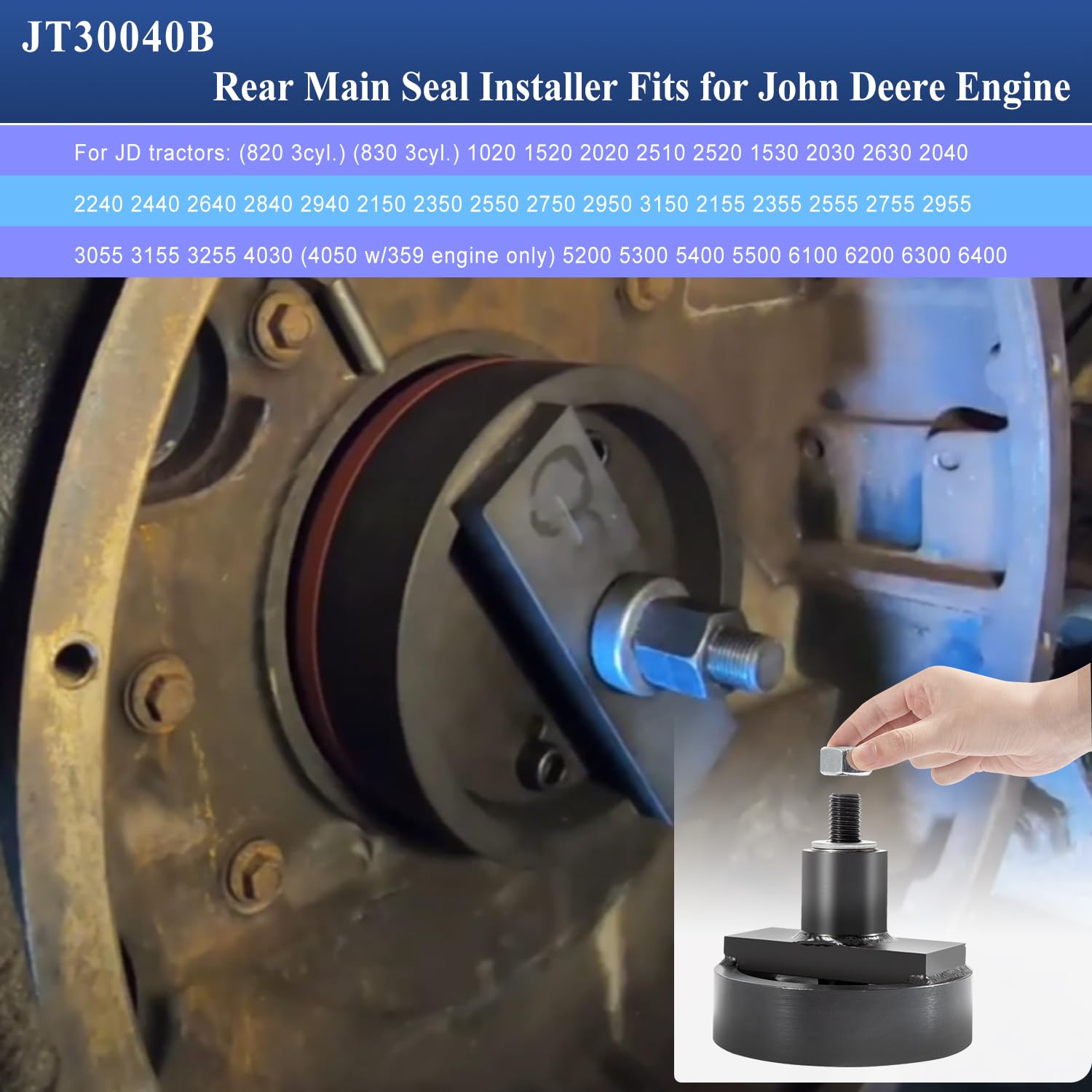 Instalador de sello principal trasero JT30040B se adapta a motor John Deere 202 219 239 329 359 414 3029 4045, herramienta de instalación de sello de cigüeñal trasero de repuesto para ST-218, JT30040