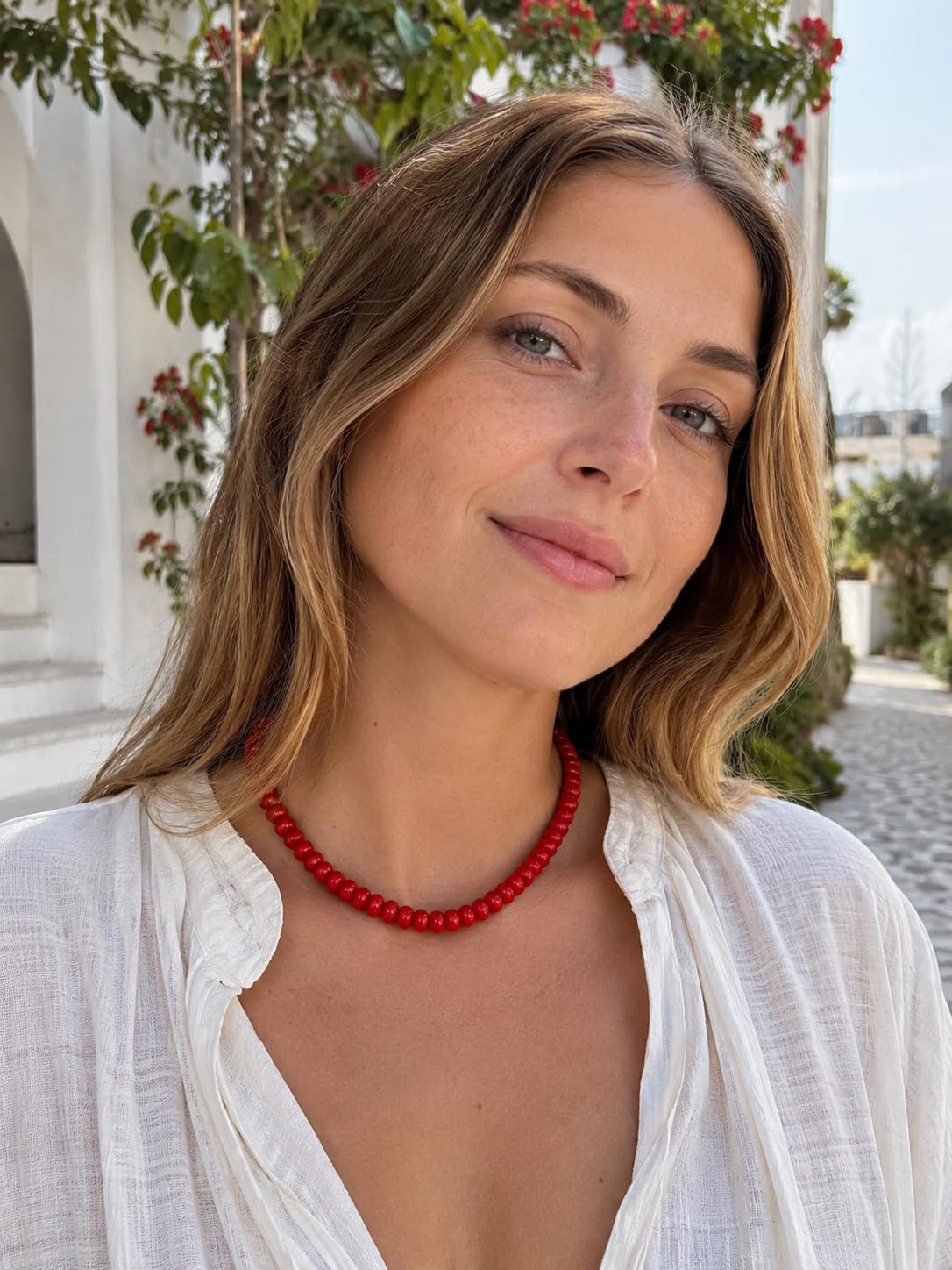Blue/Red Beaded Necklace for Women, 5x8mm Stone Choker with Gold Clasp