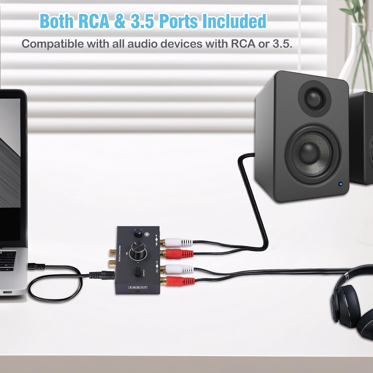 RCA 3.5mm Port 1 in 2 Out / 2 in 1 Out Bi-Directional Audio Switcher, 2-Way Stereo L/R Sound Channel Speaker Headphone Audio Switch Selector Splitter Box